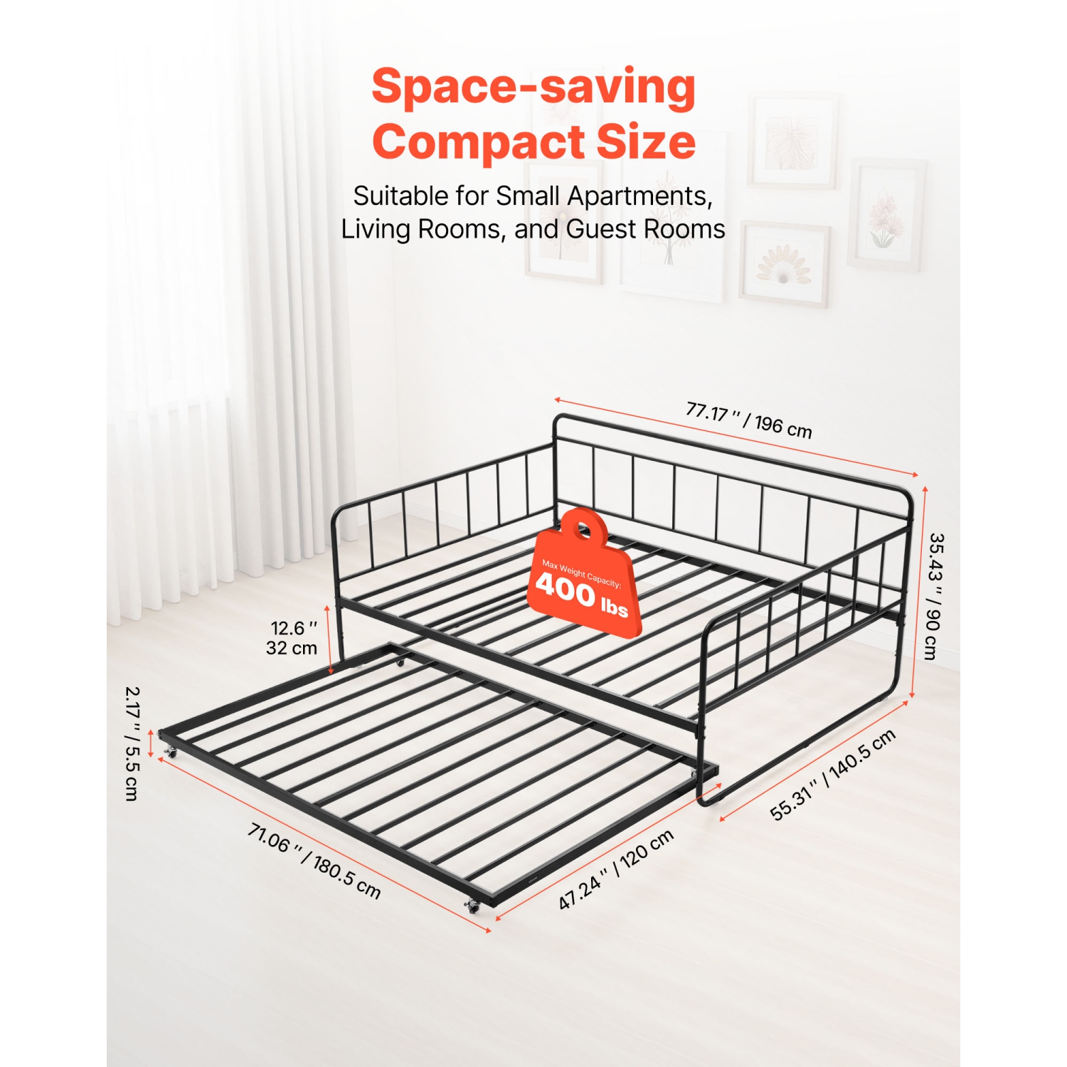 VEVOR Full Size Daybed Frame, Day Bed with Trundle, Heavy Duty Metal Platform Bed Frame, Full Daybed with Metal Slats Support for Living Room, Guest