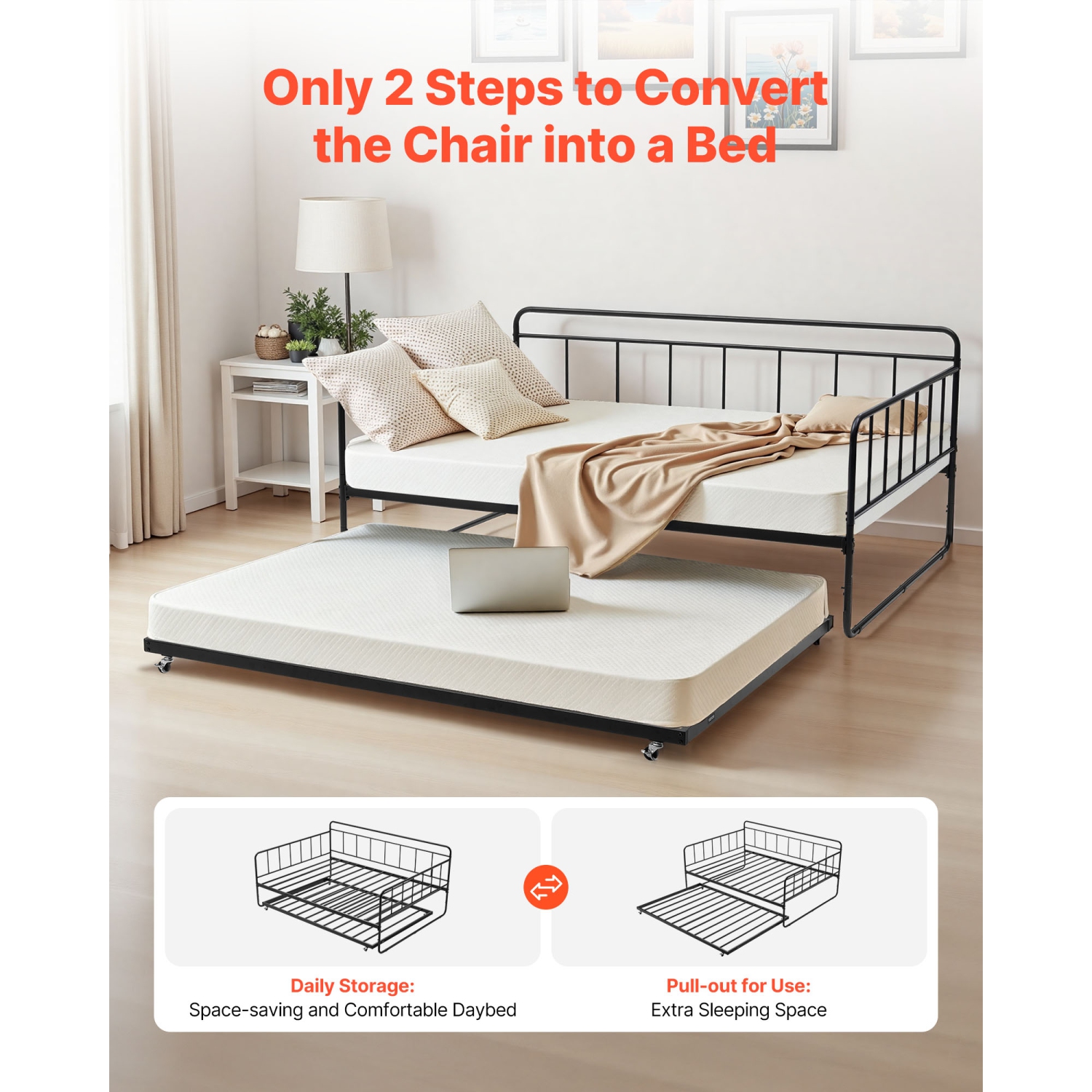 VEVOR Full Size Daybed Frame, Day Bed with Trundle, Heavy Duty Metal Platform Bed Frame, Full Daybed with Metal Slats Support for Living Room, Guest
