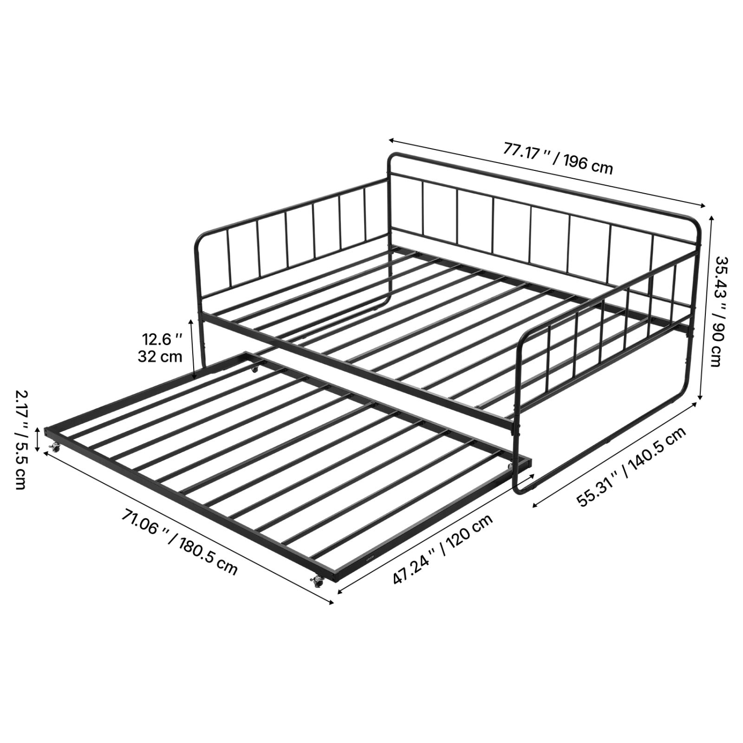 VEVOR Full Size Daybed Frame, Day Bed with Trundle, Heavy Duty Metal Platform Bed Frame, Full Daybed with Metal Slats Support for Living Room, Guest