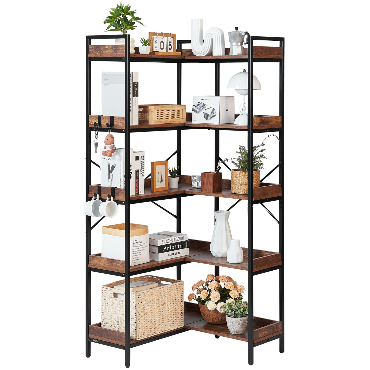 VEVOR 5 Tier Corner Bookshelf, Tall Corner Bookcase with 4 Hooks, L-Shaped Bookshelf Organizer with Metal Frame & Wooden Shelves, Reversible Display