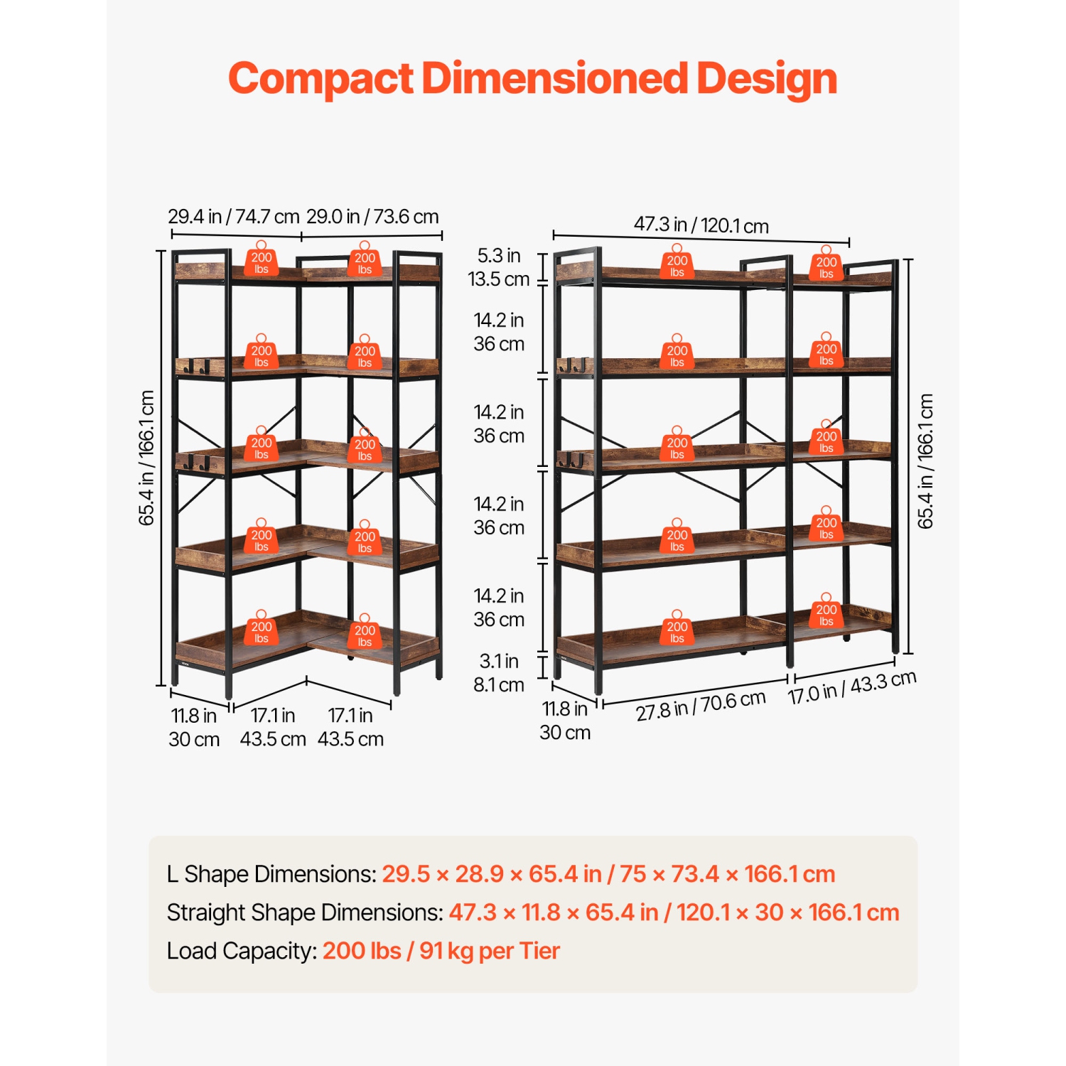 VEVOR 5 Tier Corner Bookshelf, Tall Corner Bookcase with 4 Hooks, L-Shaped Bookshelf Organizer with Metal Frame & Wooden Shelves, Reversible Display