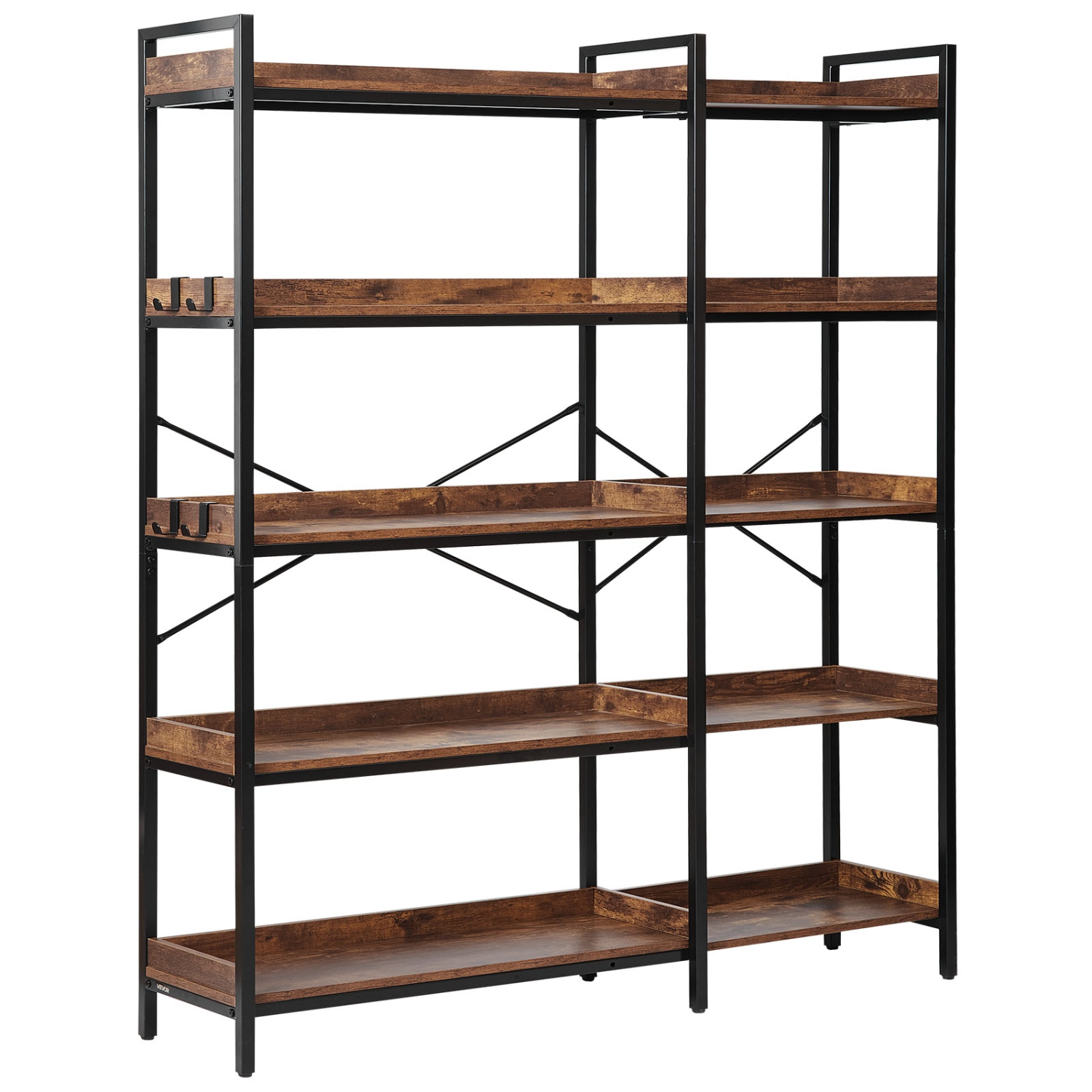 VEVOR 5 Tier Corner Bookshelf, Tall Corner Bookcase with 4 Hooks, L-Shaped Bookshelf Organizer with Metal Frame & Wooden Shelves, Reversible Display
