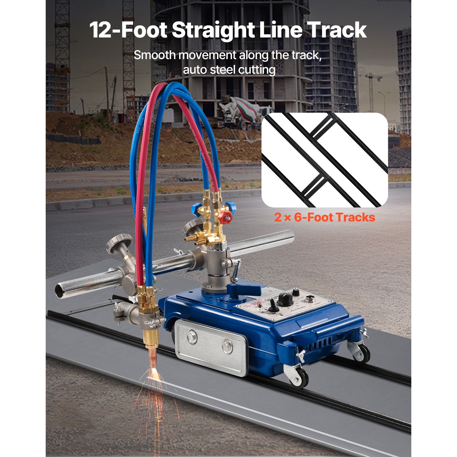 VEVOR CG1-30 Track Torch Burner,2"-30"/Min Straight Line Gas Cutting Machine for 0.2"-4" Thick Pipe, with 12-inch Track & 3 Tips,Automatic Flame