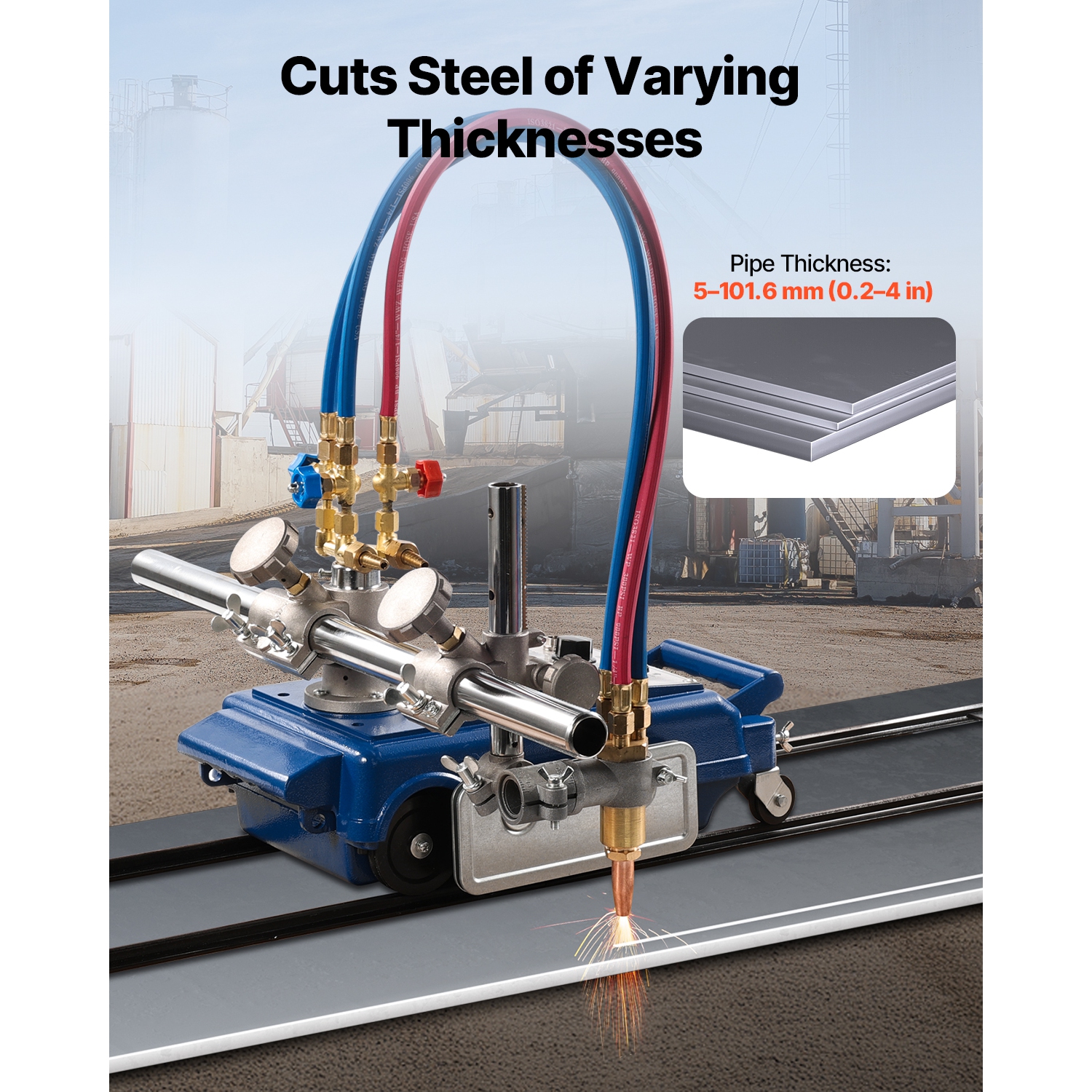 VEVOR CG1-30 Track Torch Burner,2"-30"/Min Straight Line Gas Cutting Machine for 0.2"-4" Thick Pipe, with 12-inch Track & 3 Tips,Automatic Flame