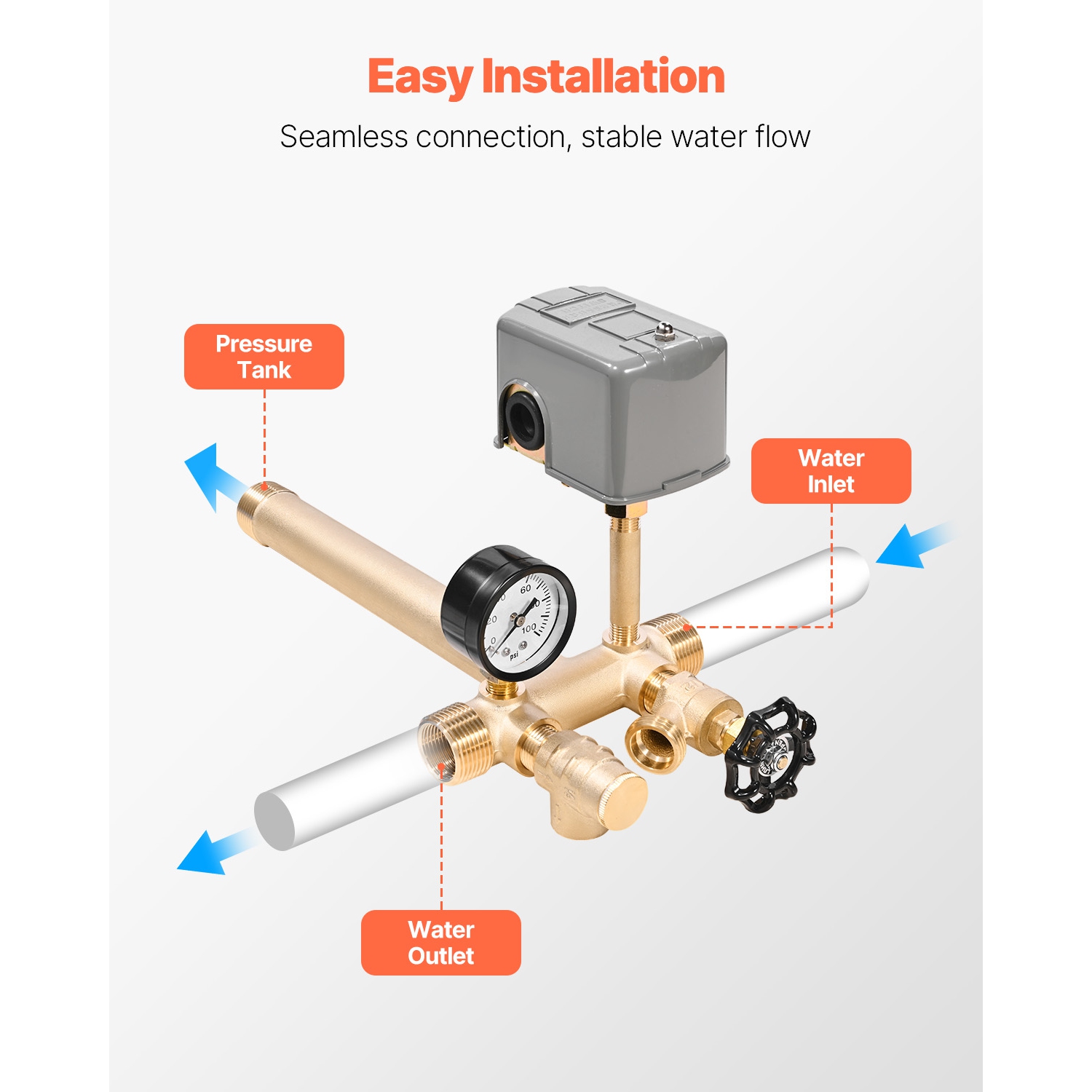VEVOR 1" x 11" Well Pressure Tank Tee Kit, with 40/60PSI Switch, 7-Pieces Pure Brass Pressure Tank Installation Kit for Water Well, Fit Most Tanks