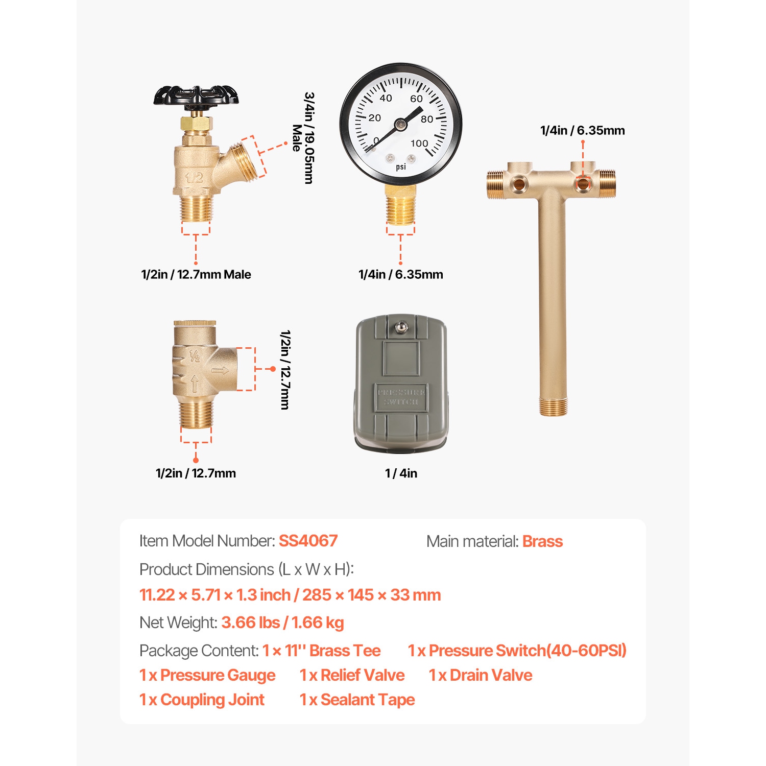 VEVOR 1" x 11" Well Pressure Tank Tee Kit, with 40/60PSI Switch, 7-Pieces Pure Brass Pressure Tank Installation Kit for Water Well, Fit Most Tanks