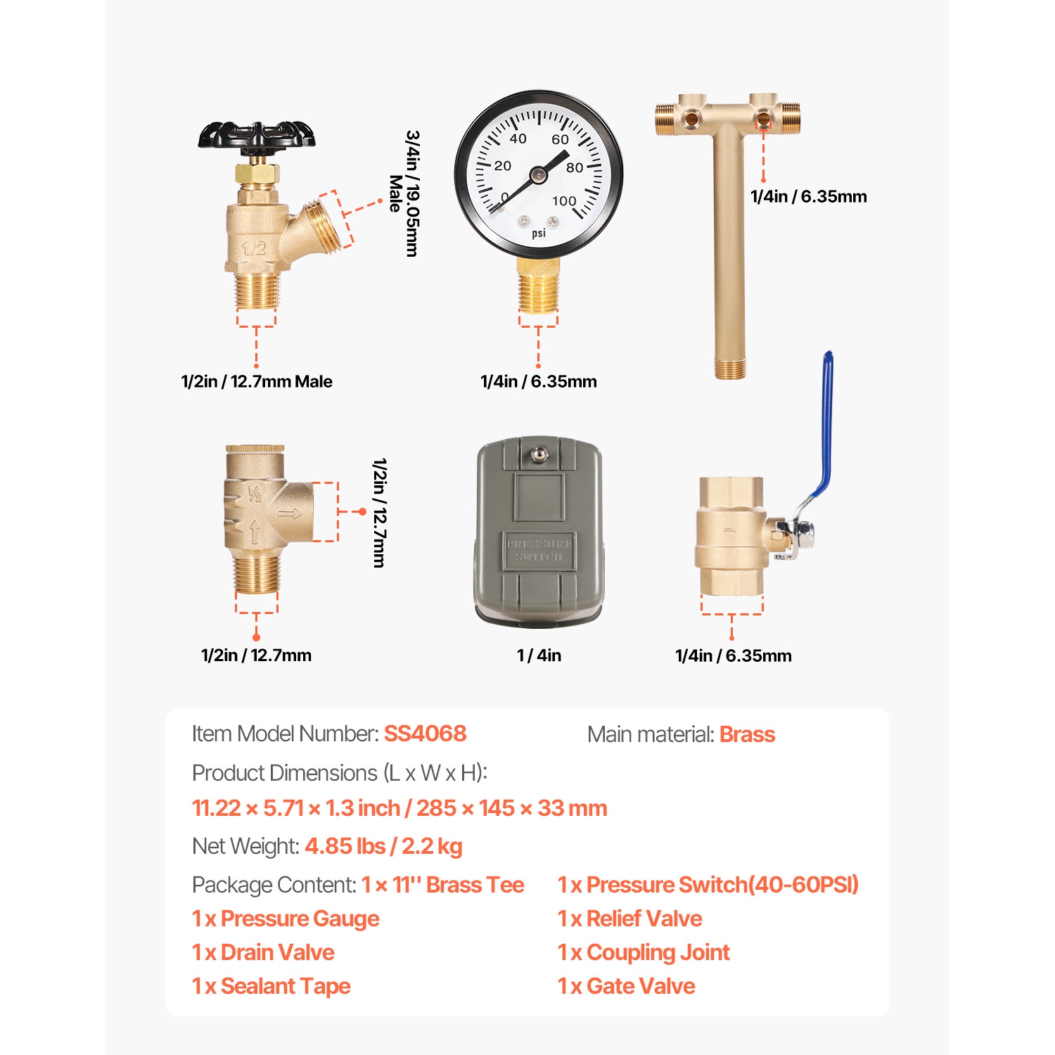 VEVOR 1" x 11" Well Pressure Tank Tee Kit, with 40/60PSI Switch, 8-Pieces Pure Brass Pressure Tank Installation Kit, 1 in Gate Valve Included, Fit