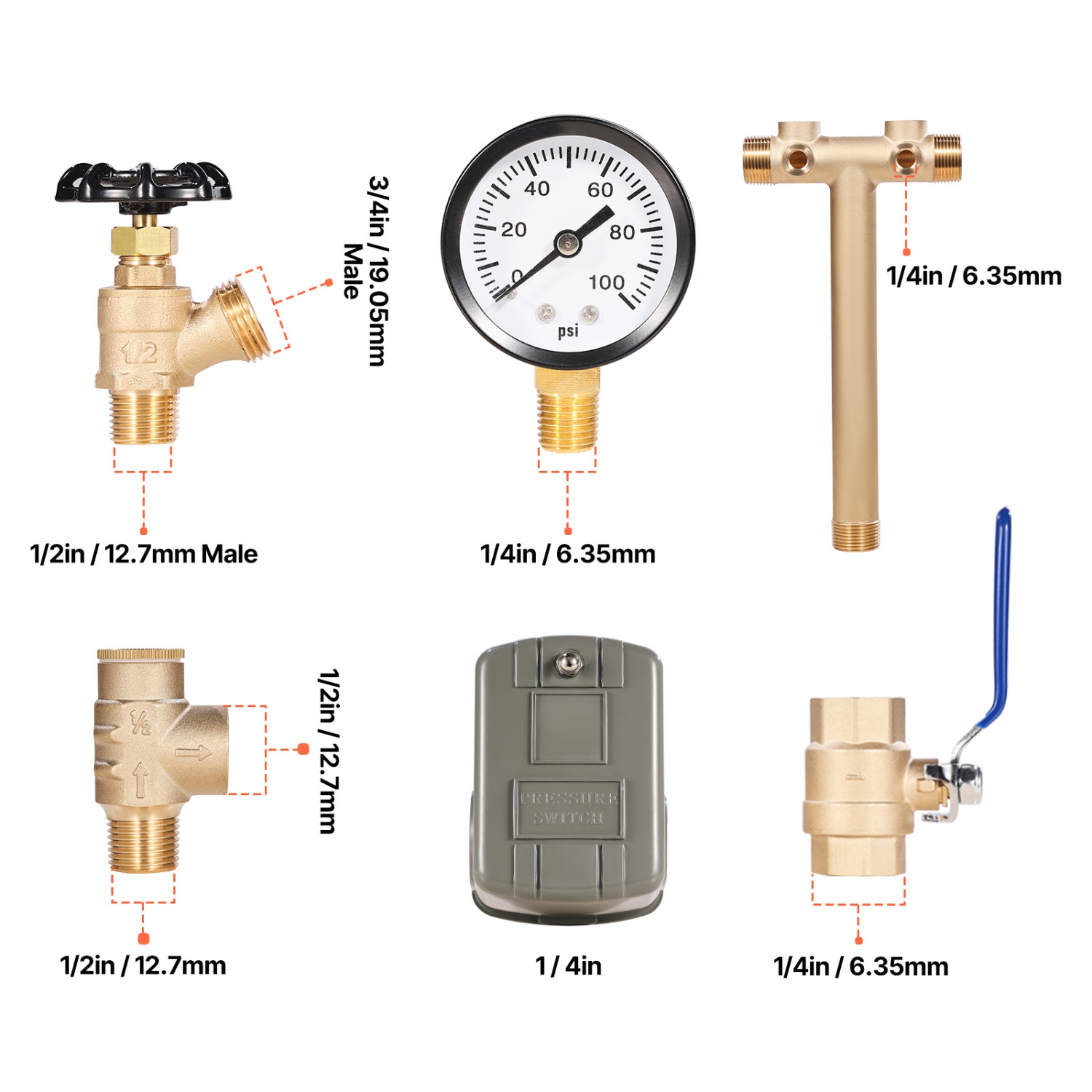 VEVOR 1" x 11" Well Pressure Tank Tee Kit, with 40/60PSI Switch, 8-Pieces Pure Brass Pressure Tank Installation Kit, 1 in Gate Valve Included, Fit