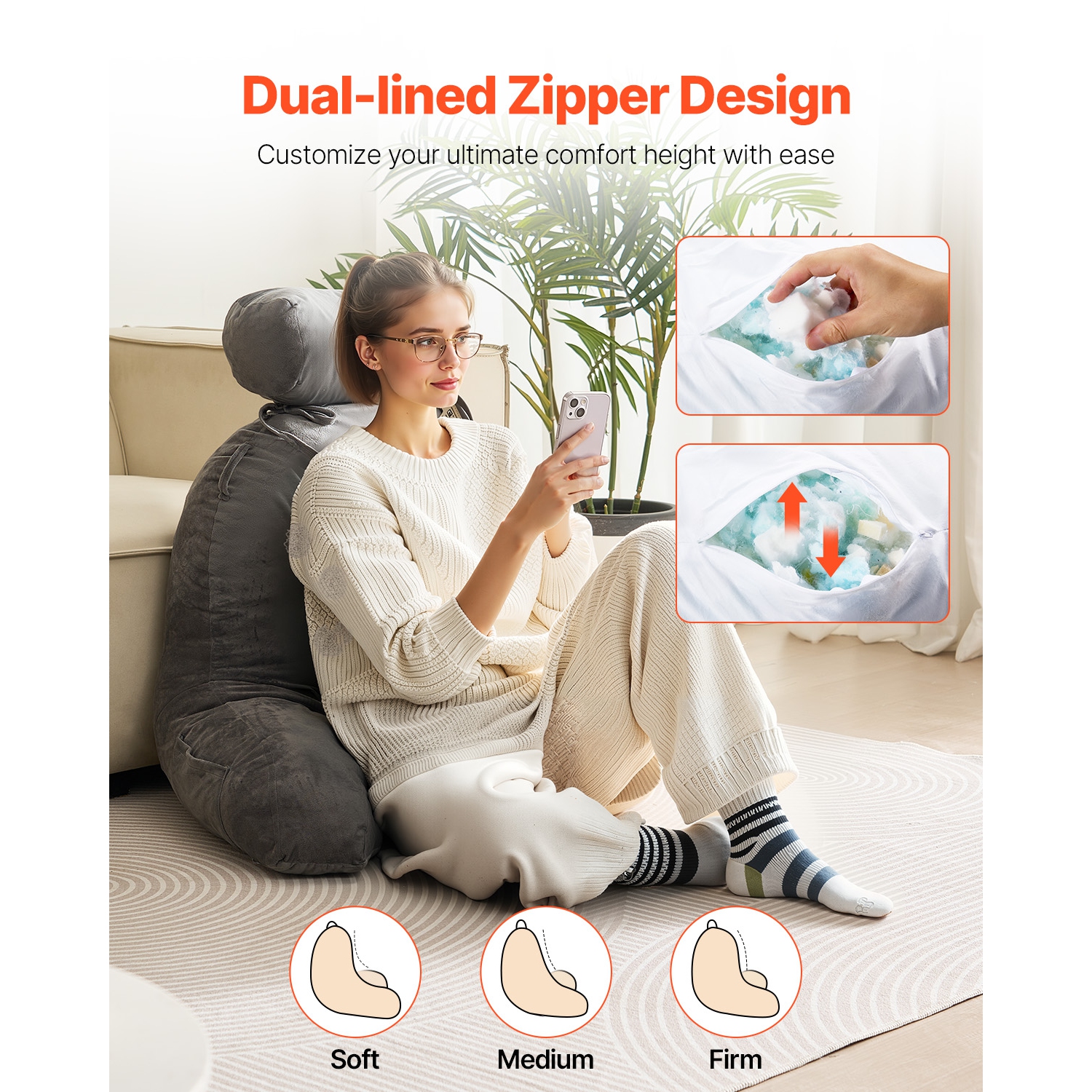 Oreiller de lecture VEVOR à 3 pochettes, grand oreiller avec appuie-tête amovible, coussin dorsal, mousse à mémoire déchiquetée et tissu en velours