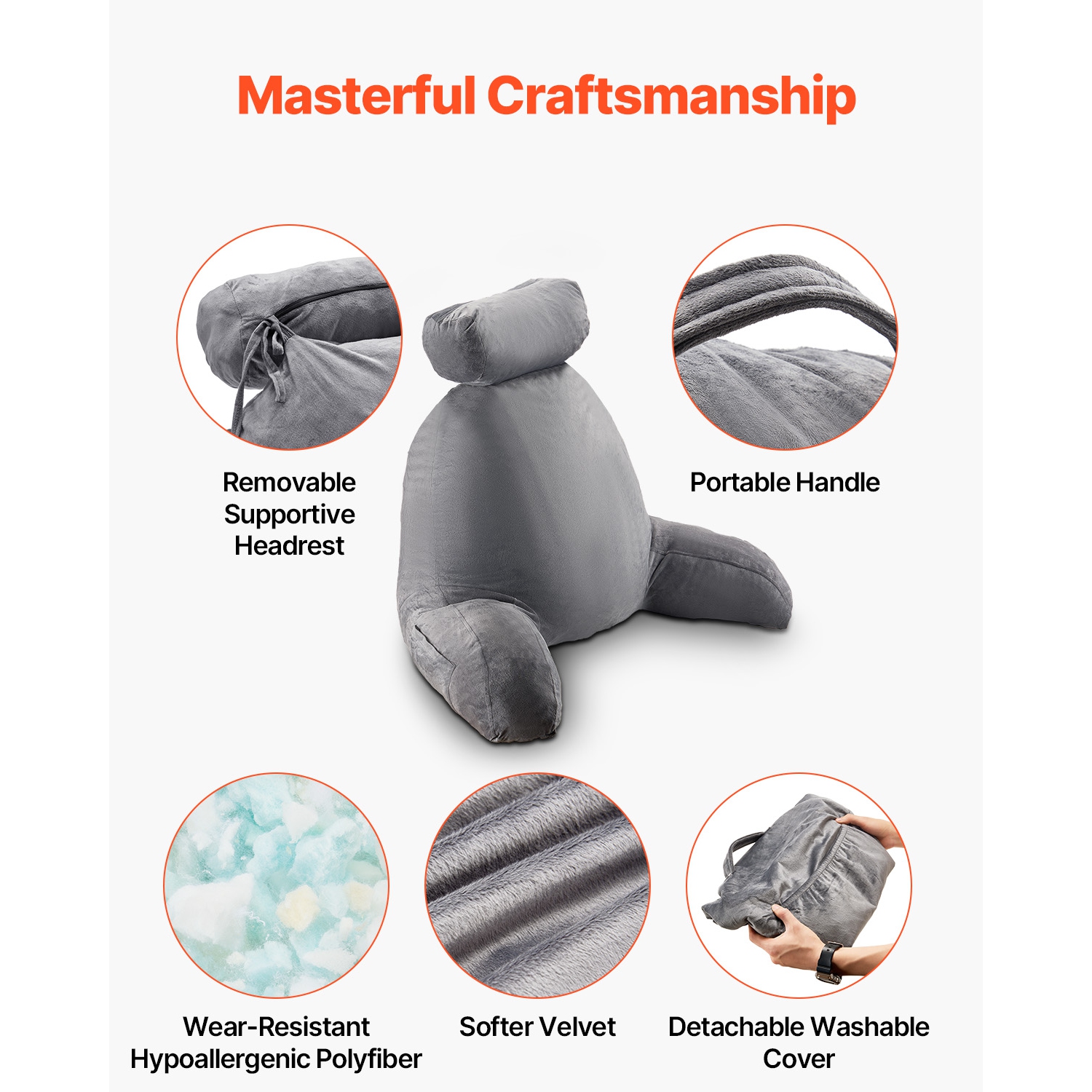 Oreiller de lecture VEVOR à 3 pochettes, grand oreiller avec appuie-tête amovible, coussin dorsal, mousse à mémoire déchiquetée et tissu en velours