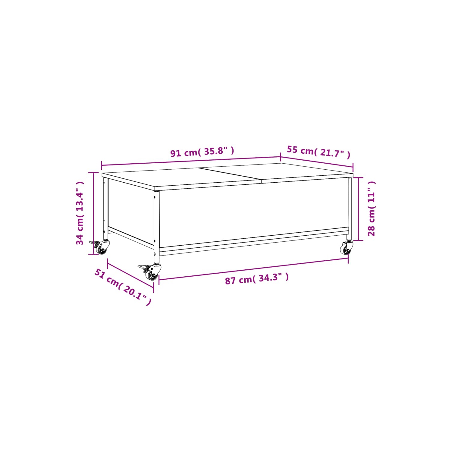 Table basse à&nbsp;roulettes VidaXL Chêne brun 91 x 55 x 34&nbsp;cm&nbsp;Bois d'ingénierie