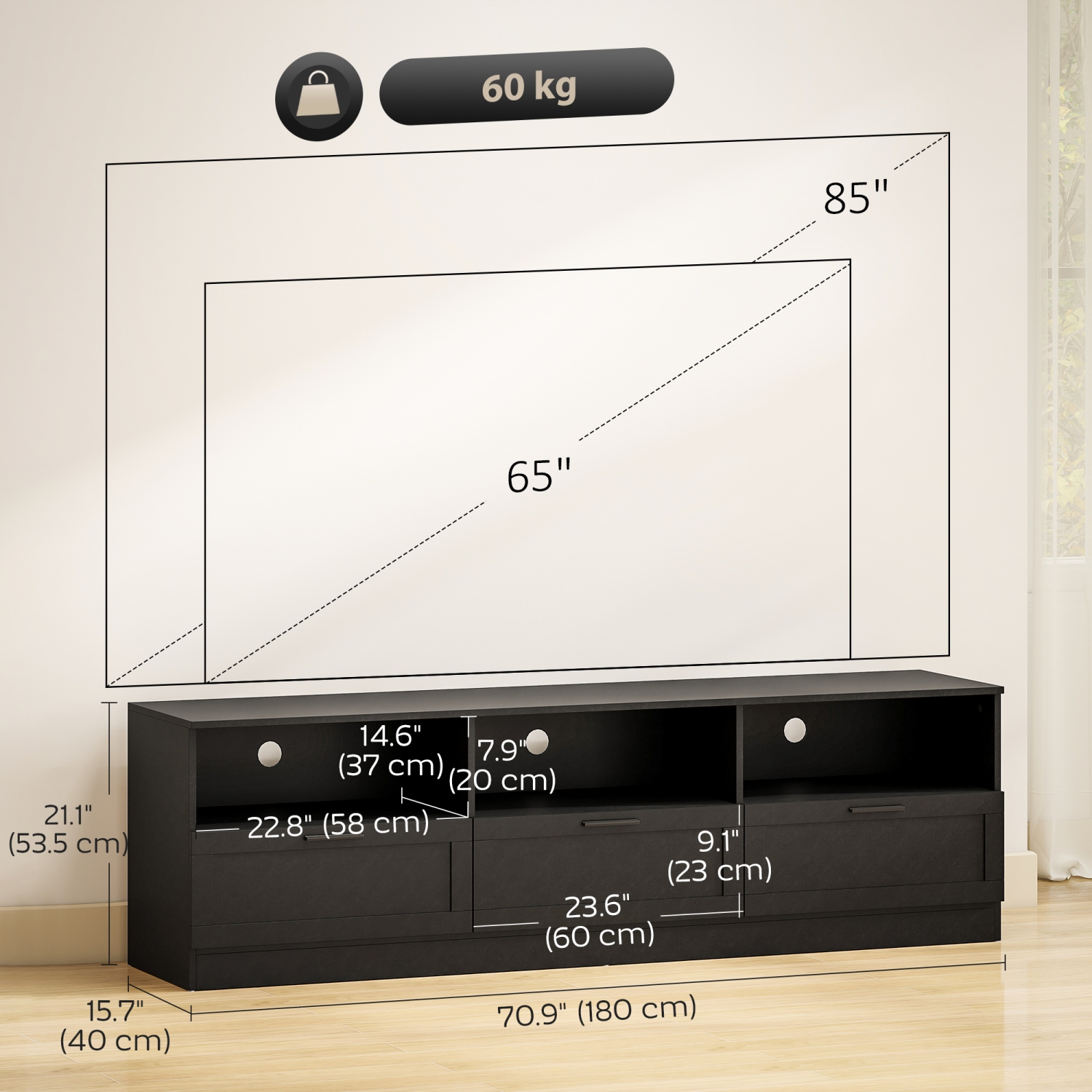 HOMCOM TV Stand with Storage, Modern TV Table with 3 Cabinets and 3 Open Shelves for 65-85 Inch Television, Entertainment Center with Cable