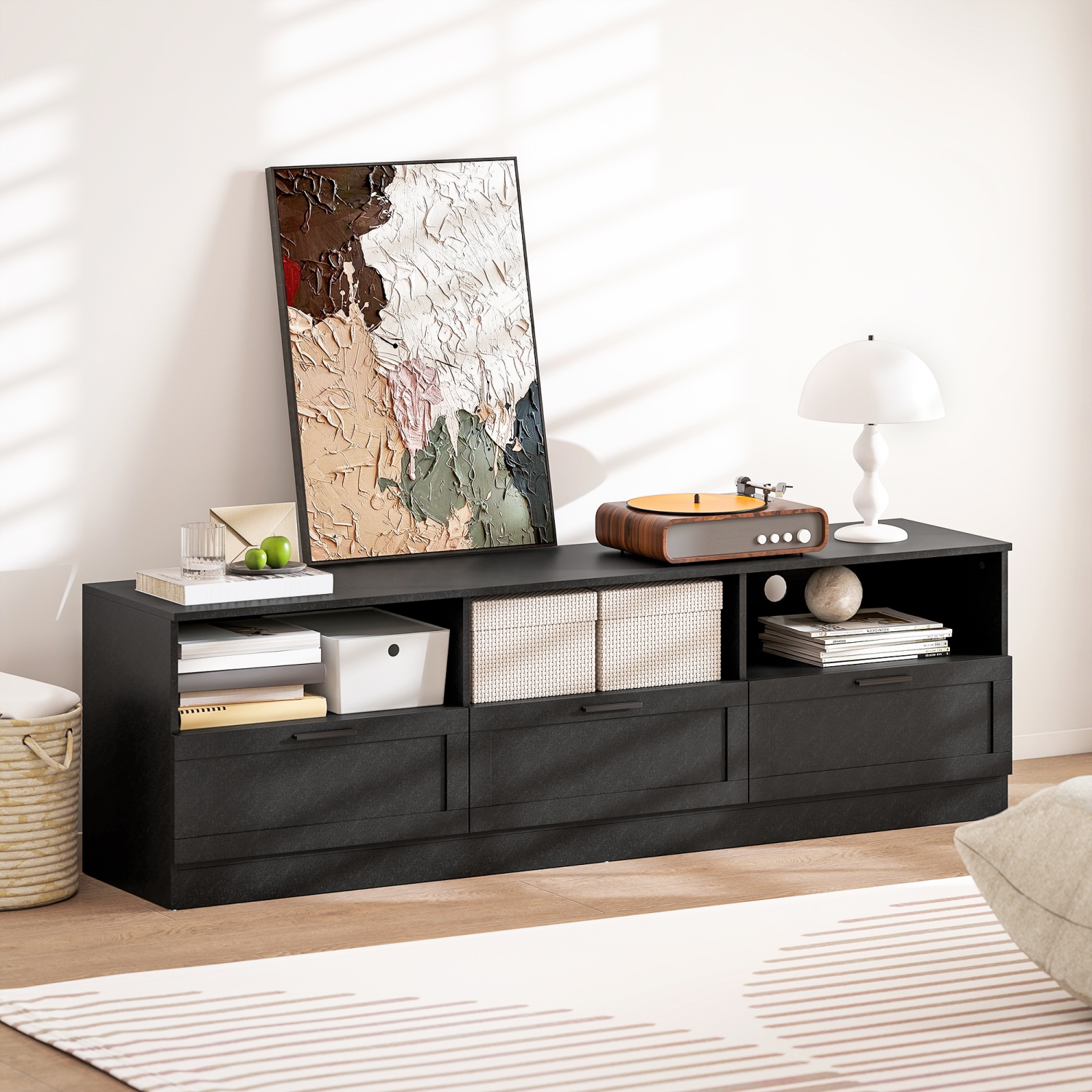 HOMCOM TV Stand with Storage, Modern TV Table with 3 Cabinets and 3 Open Shelves for 65-85 Inch Television, Entertainment Center with Cable