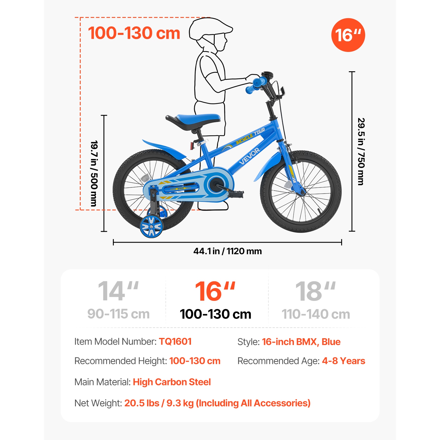 VEVOR 16 Inches Kids Bike, BMX Style Children Bicycle, Rider Height 3.28 ft - 4.27 ft, Training Wheels Included, Sturdy and Easy to Assemble, Toddler
