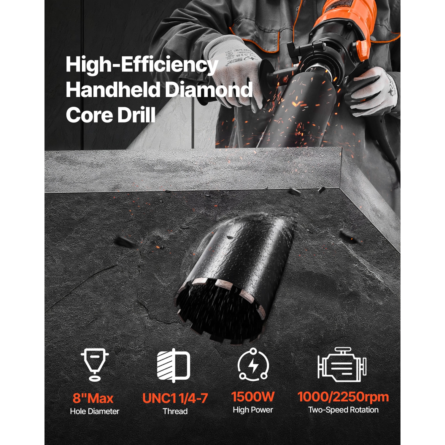 Perceuse à noyau diamanté VEVOR 1075/2300 RPM, diamètre de perçage de 8&nbsp;po, plate-forme de forage à noyau en béton sec et humide à main avec 4