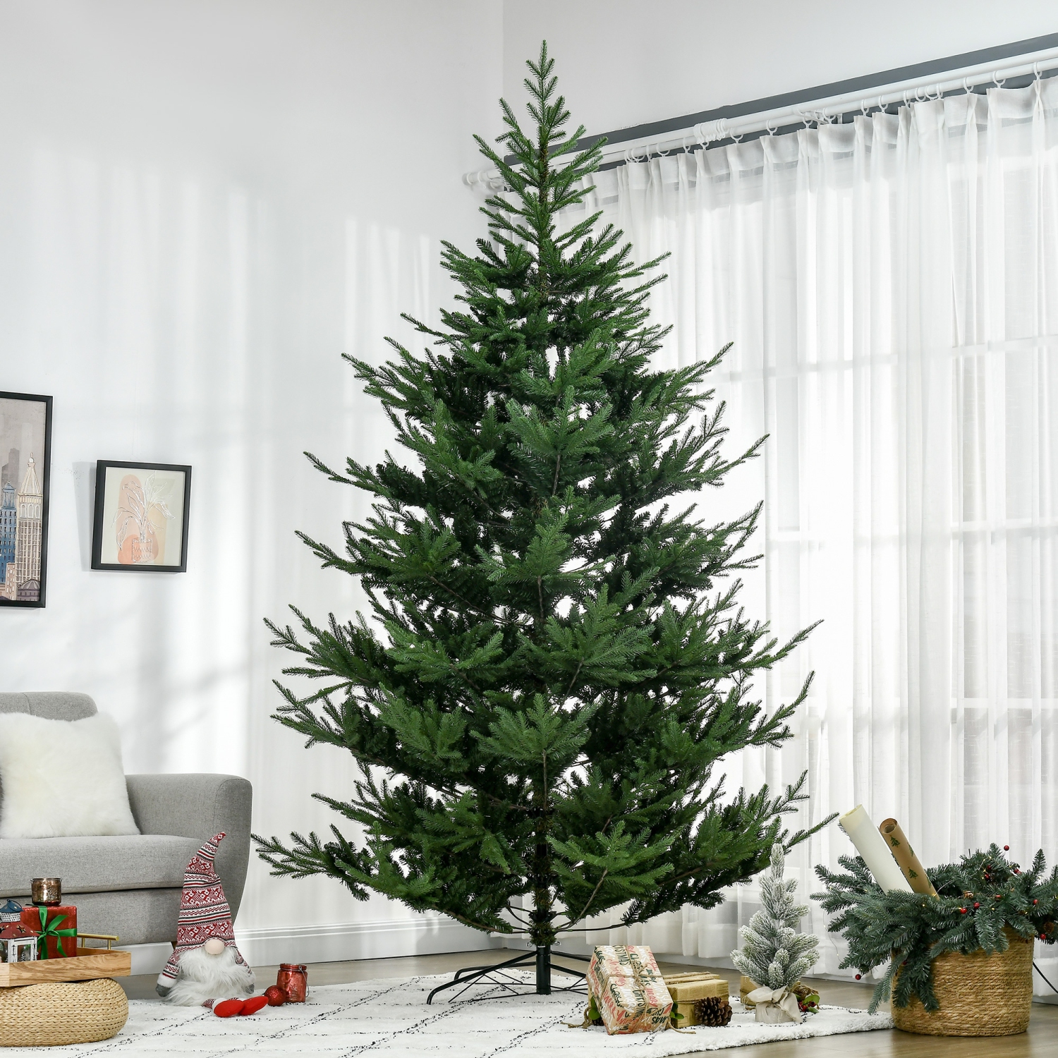HOMCOM – Arbre de Noël artificiel 9&nbsp;pi, décoration de pins larges, arbre de Noël à charnières avec 1939 pointes, base en métal, vert