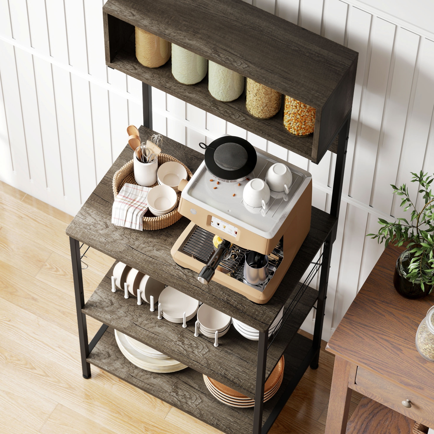 HOMCOM Kitchen Bakers Rack with Power Outlet, USB Charger, Microwave Stand, Coffee Bar with Adjustable Shelves, 5 Hooks for Spices, Pots and Pans,