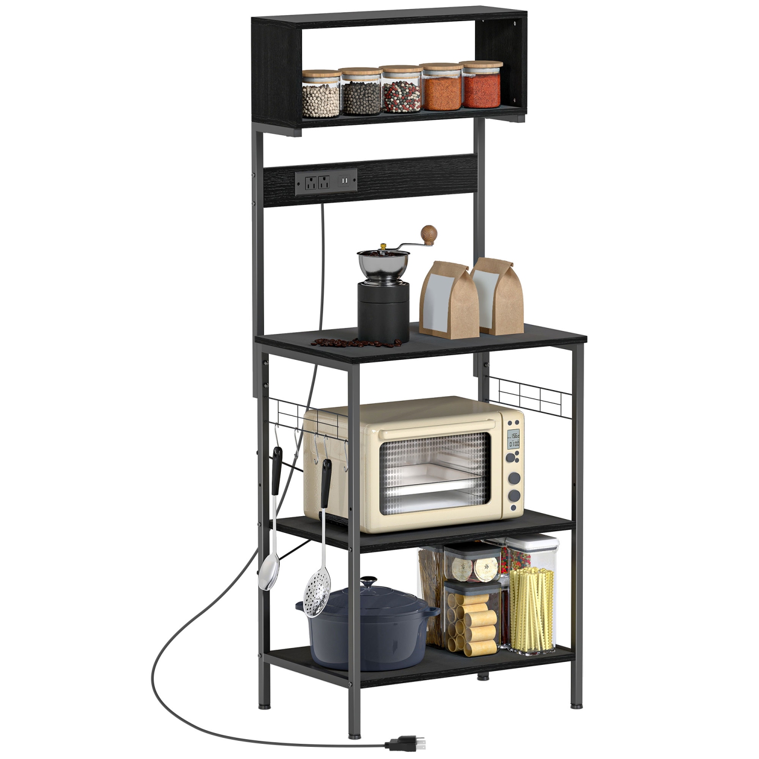 Support de cuisine de HOMCOM avec prise de courant, chargeur USB, support pour micro-ondes, bar à café avec tablettes réglables, 5 crochets pour