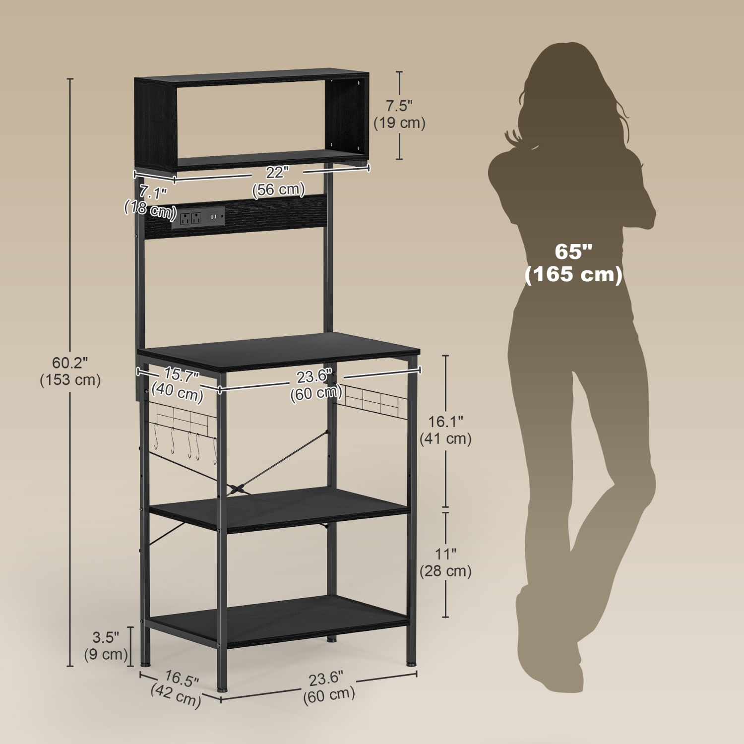 Support de cuisine de HOMCOM avec prise de courant, chargeur USB, support pour micro-ondes, bar à café avec tablettes réglables, 5 crochets pour