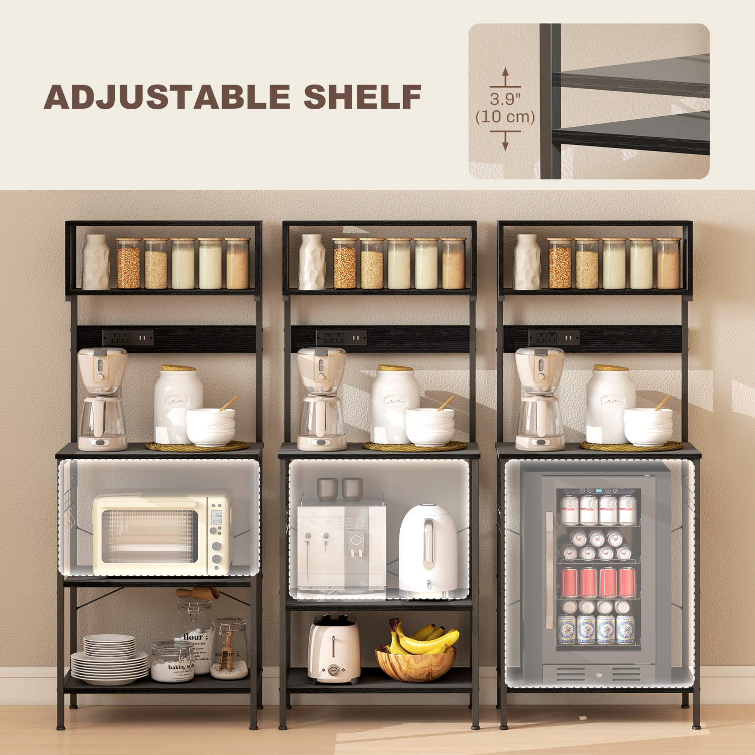 Support de cuisine de HOMCOM avec prise de courant, chargeur USB, support pour micro-ondes, bar à café avec tablettes réglables, 5 crochets pour