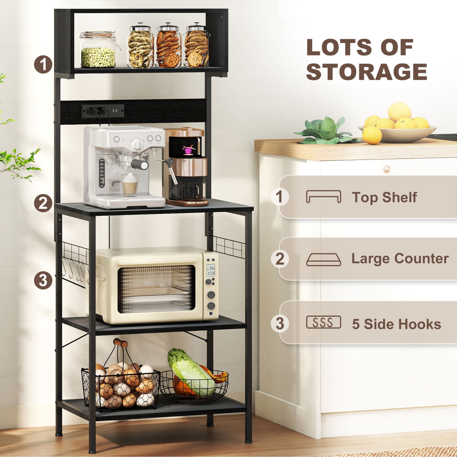 Support de cuisine de HOMCOM avec prise de courant, chargeur USB, support pour micro-ondes, bar à café avec tablettes réglables, 5 crochets pour