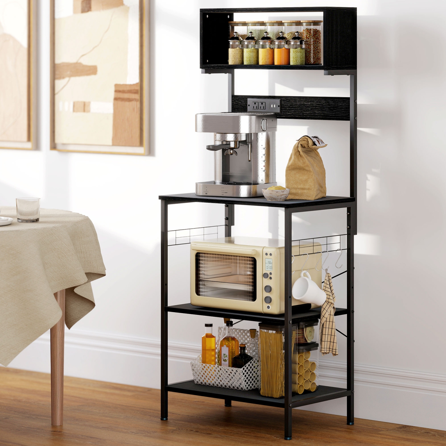 Support de cuisine de HOMCOM avec prise de courant, chargeur USB, support pour micro-ondes, bar à café avec tablettes réglables, 5 crochets pour