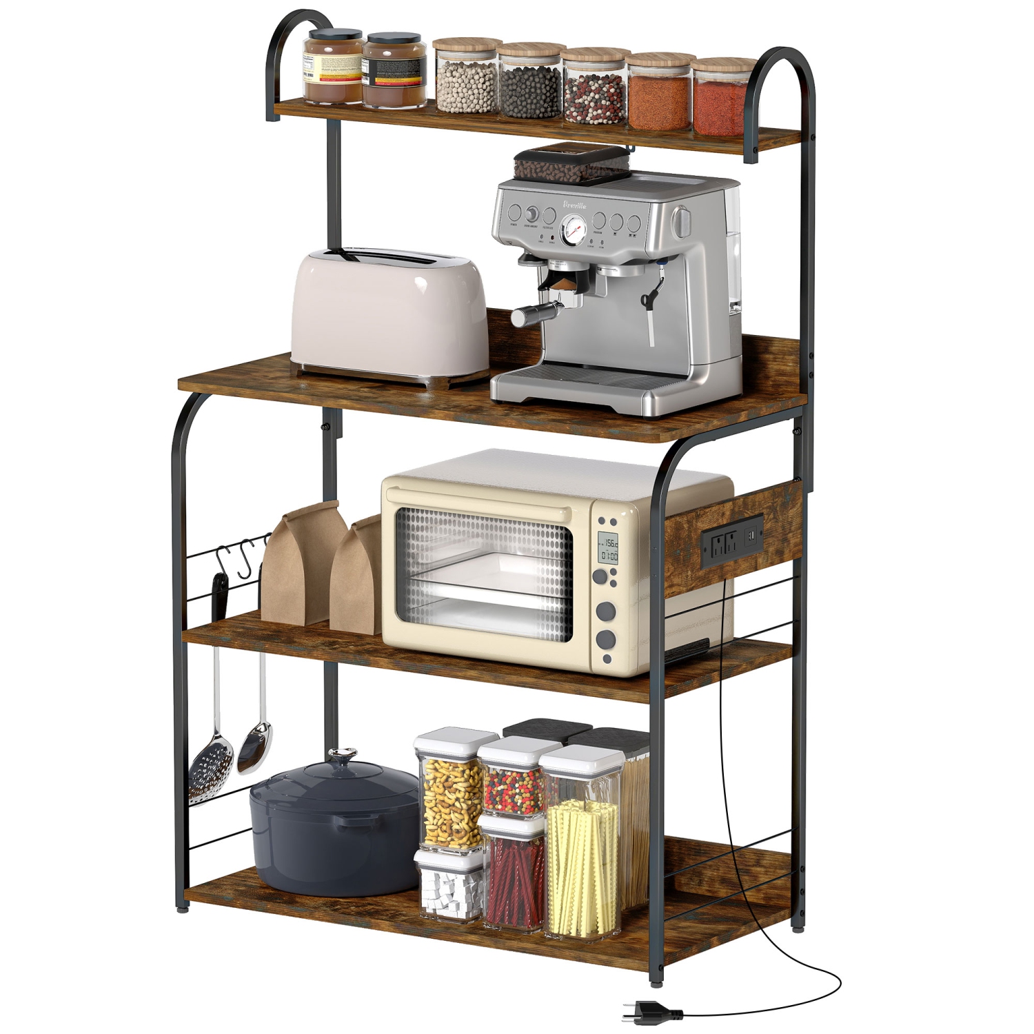 HOMCOM Kitchen Bakers Rack with Power Outlet, USB Charger, Microwave Stand, Coffee Bar with Adjustable Shelves, 4 Hooks for Spices, Pots and Pans,