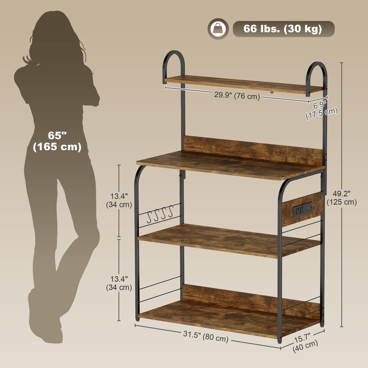 HOMCOM Kitchen Bakers Rack with Power Outlet, USB Charger, Microwave Stand, Coffee Bar with Adjustable Shelves, 4 Hooks for Spices, Pots and Pans,