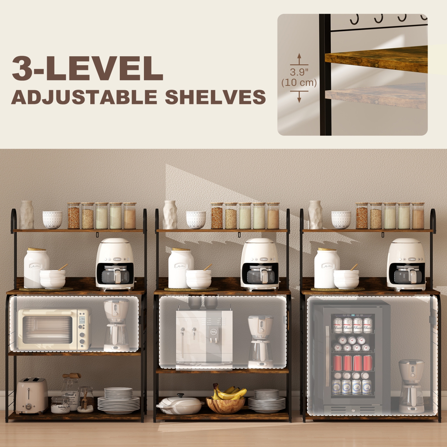 HOMCOM Kitchen Bakers Rack with Power Outlet, USB Charger, Microwave Stand, Coffee Bar with Adjustable Shelves, 4 Hooks for Spices, Pots and Pans,