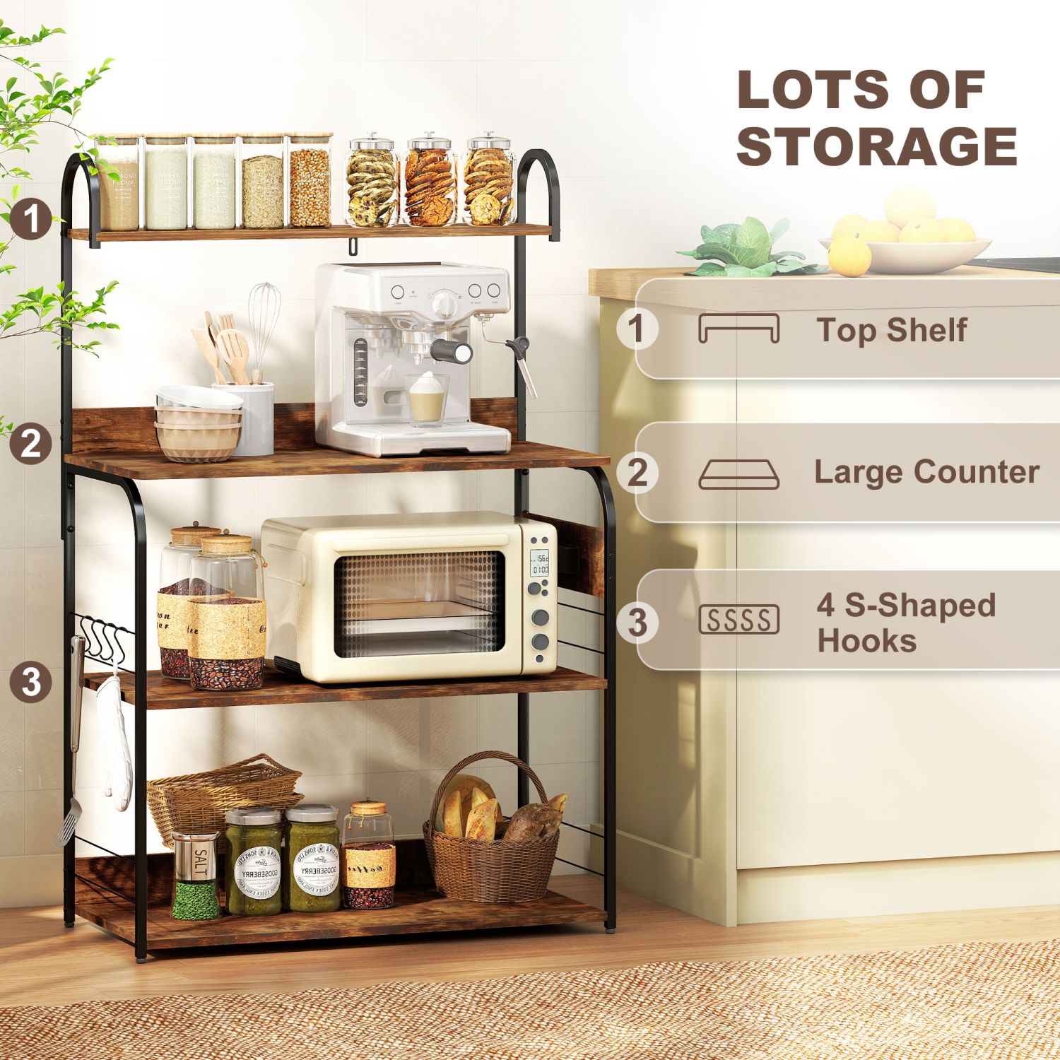 HOMCOM Kitchen Bakers Rack with Power Outlet, USB Charger, Microwave Stand, Coffee Bar with Adjustable Shelves, 4 Hooks for Spices, Pots and Pans,