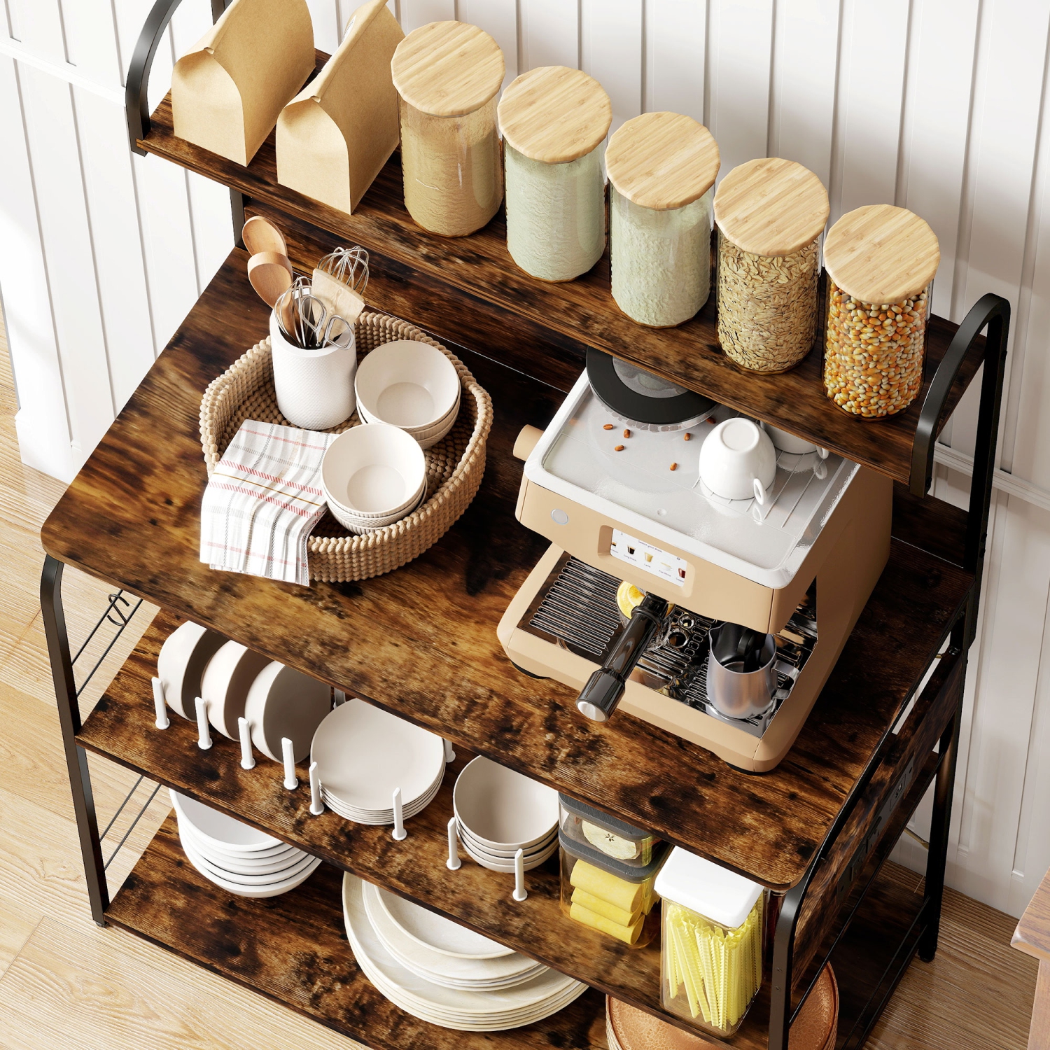 HOMCOM Kitchen Bakers Rack with Power Outlet, USB Charger, Microwave Stand, Coffee Bar with Adjustable Shelves, 4 Hooks for Spices, Pots and Pans,