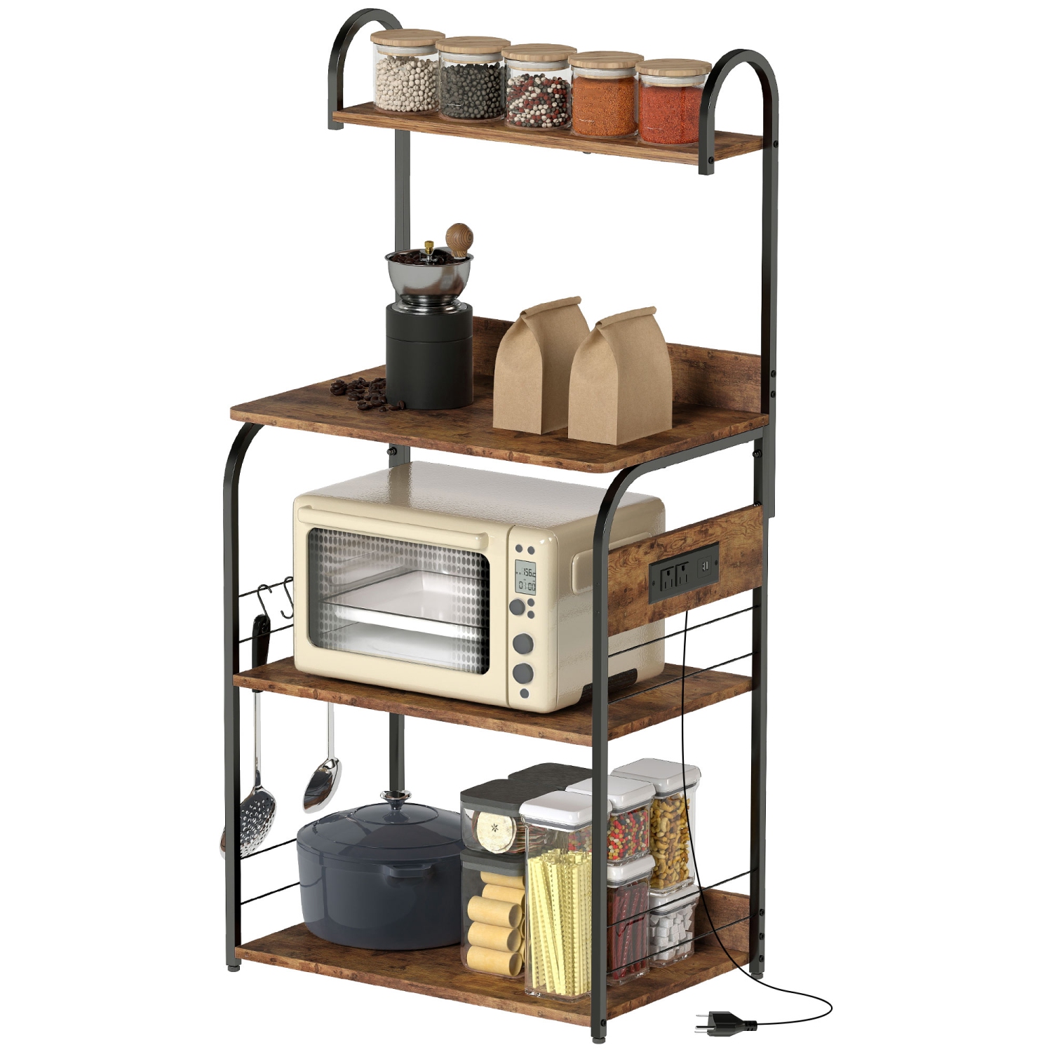 HOMCOM Kitchen Bakers Rack with Power Outlet, USB Charger, Microwave Stand, Coffee Bar with Adjustable Shelves, 4 Hooks for Spices, Pots and Pans,