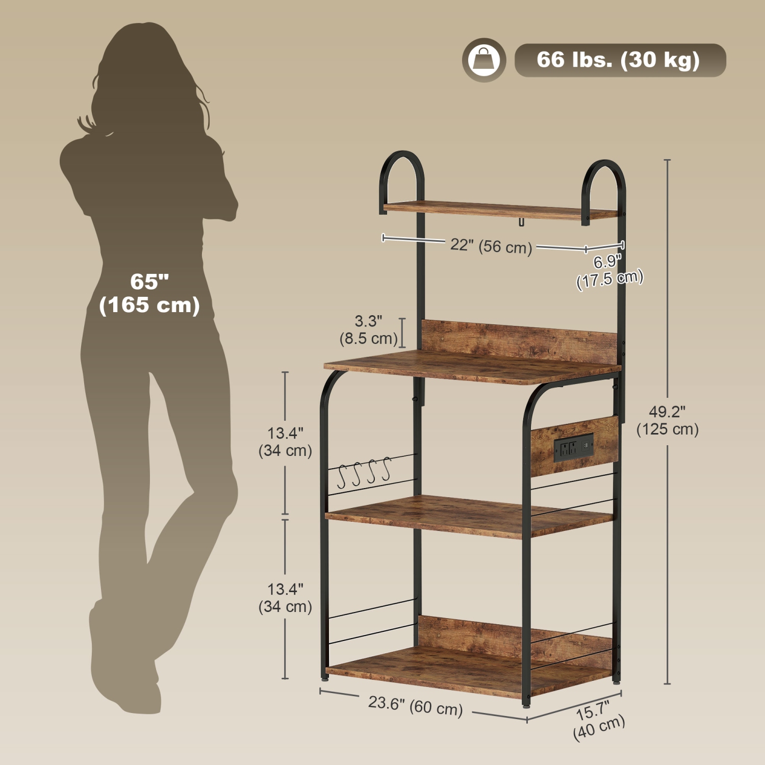 HOMCOM Kitchen Bakers Rack with Power Outlet, USB Charger, Microwave Stand, Coffee Bar with Adjustable Shelves, 4 Hooks for Spices, Pots and Pans,