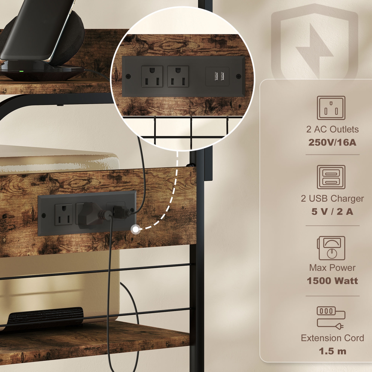 HOMCOM Kitchen Bakers Rack with Power Outlet, USB Charger, Microwave Stand, Coffee Bar with Adjustable Shelves, 4 Hooks for Spices, Pots and Pans,