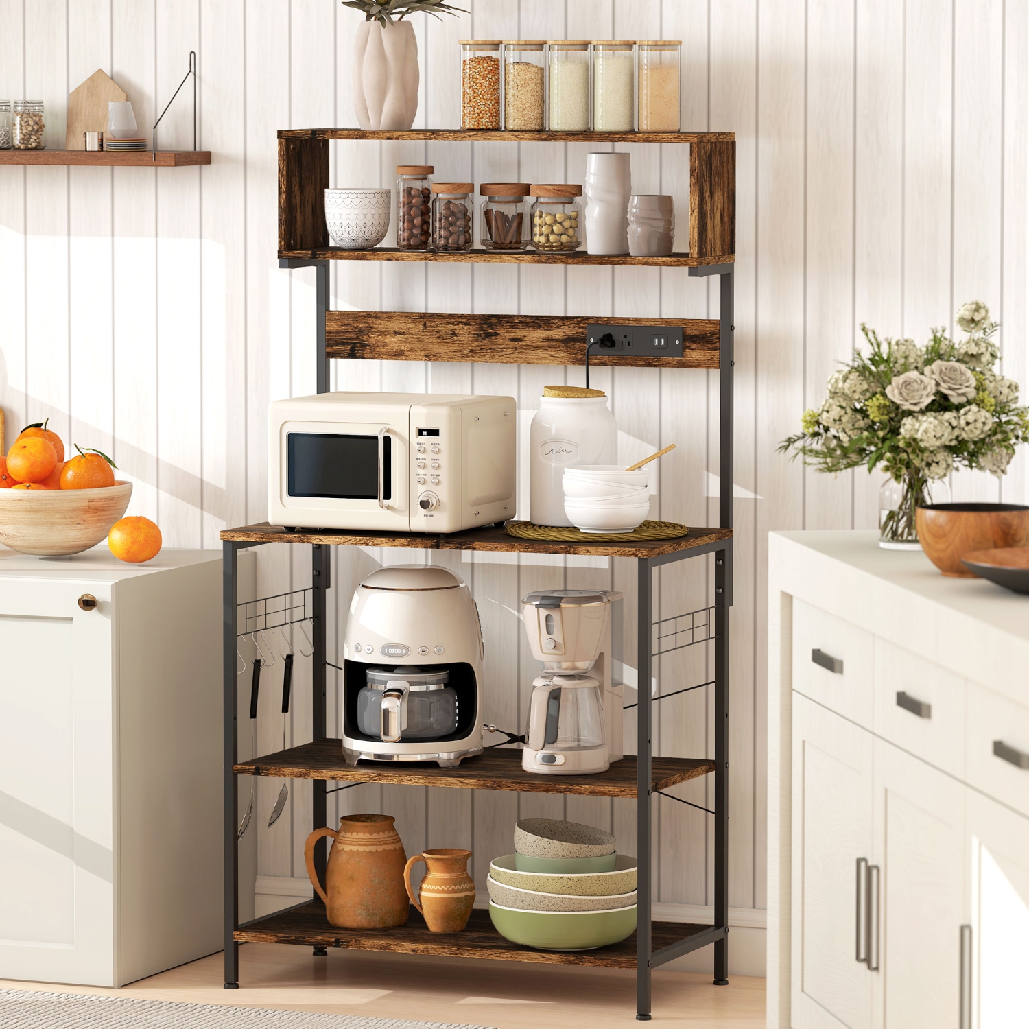 HOMCOM Kitchen Bakers Rack with Power Outlet, USB Charger, Microwave Stand, Coffee Bar with Adjustable Shelves, 5 Hooks for Spices, Pots and Pans,