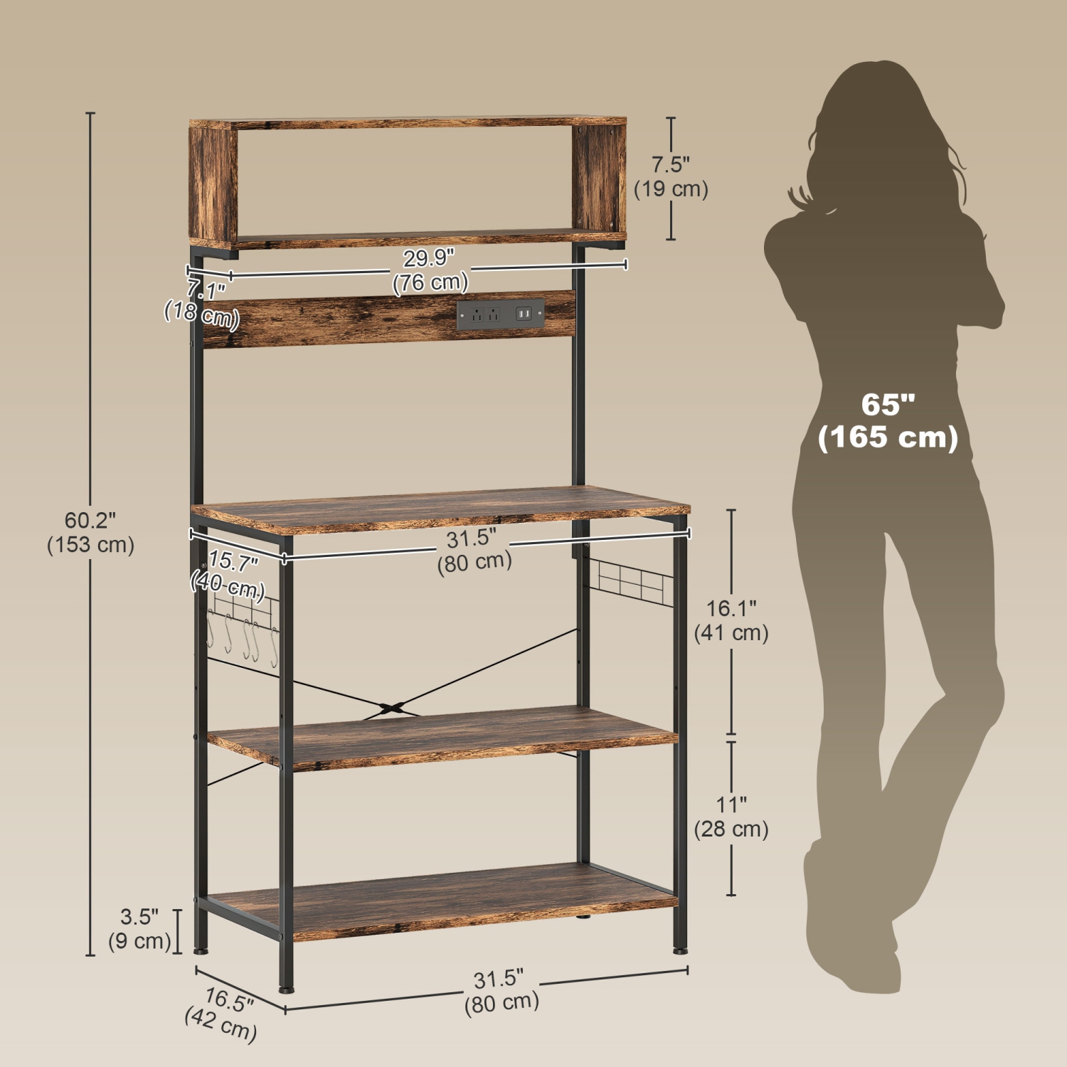 HOMCOM Kitchen Bakers Rack with Power Outlet, USB Charger, Microwave Stand, Coffee Bar with Adjustable Shelves, 5 Hooks for Spices, Pots and Pans,