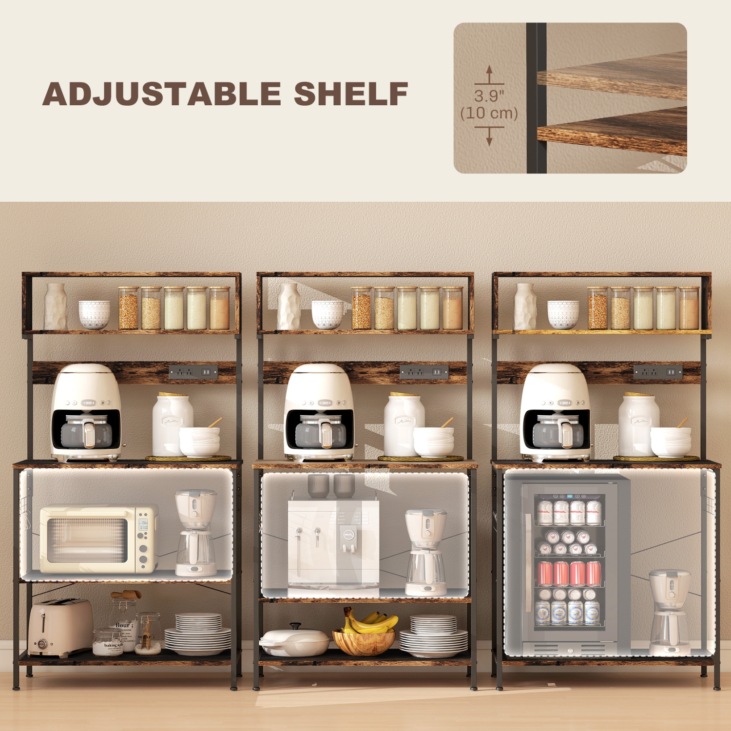 HOMCOM Kitchen Bakers Rack with Power Outlet, USB Charger, Microwave Stand, Coffee Bar with Adjustable Shelves, 5 Hooks for Spices, Pots and Pans,