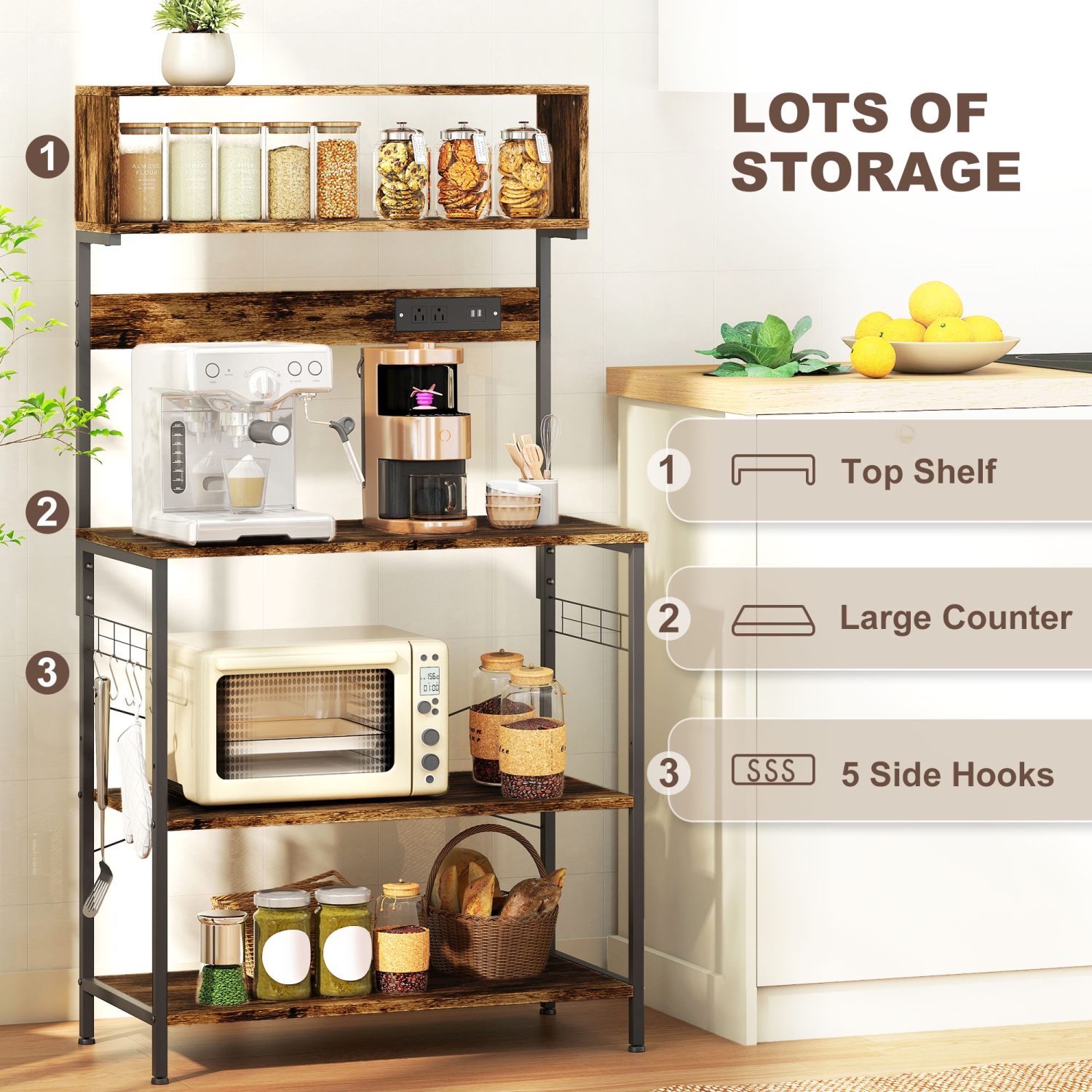 HOMCOM Kitchen Bakers Rack with Power Outlet, USB Charger, Microwave Stand, Coffee Bar with Adjustable Shelves, 5 Hooks for Spices, Pots and Pans,