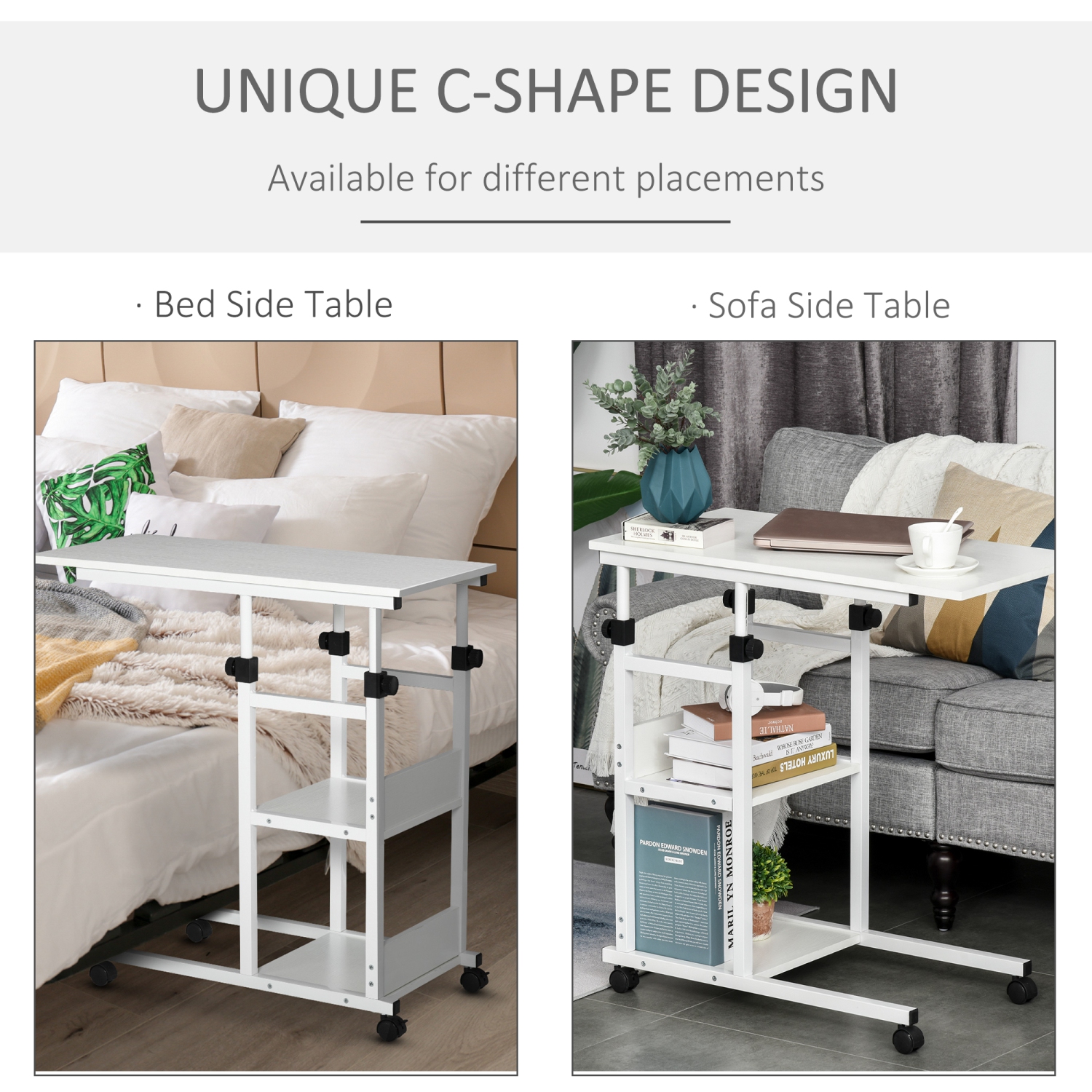 Bureau debout mobile de HOMCOM, hauteur réglable 31.5&nbsp;po, bureau debout avec roulettes pour canapé-lit, salon, chambre, bureau à domicile, blanc