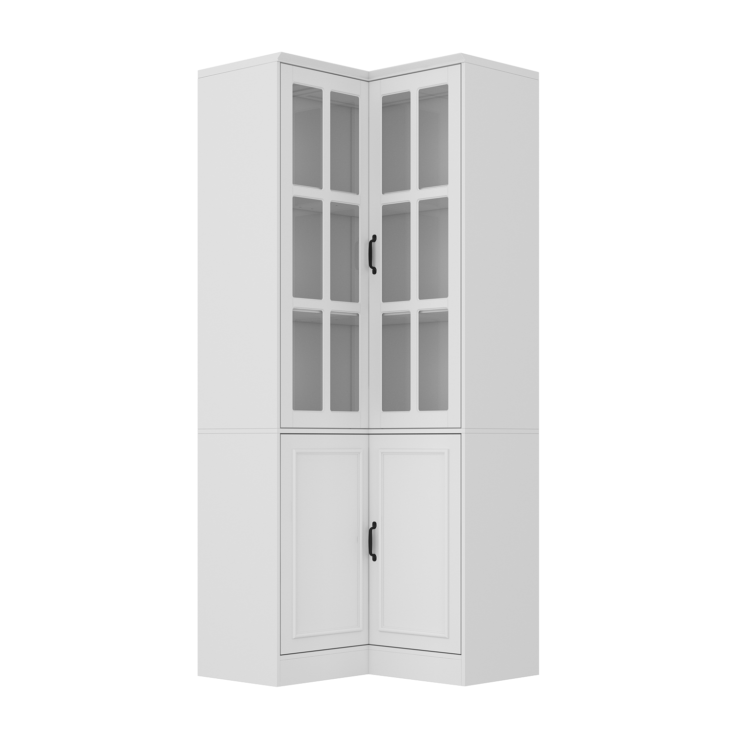 Famapy MDF 5-Shelf Corner Pantry with Tempered Glass Doors – Modern 4-Door Storage Cabinet for Kitchen and Dining,White