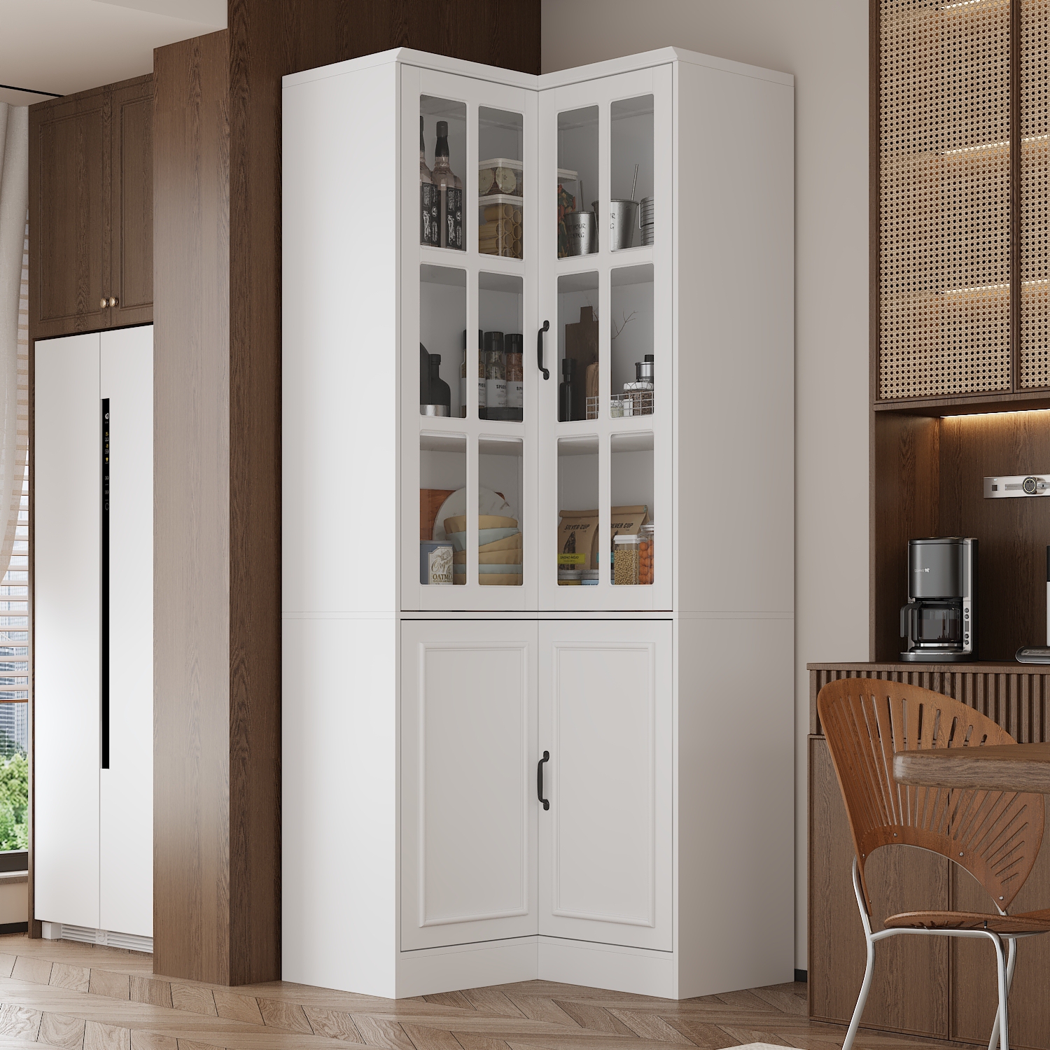Famapy MDF 5-Shelf Corner Pantry with Tempered Glass Doors – Modern 4-Door Storage Cabinet for Kitchen and Dining,White