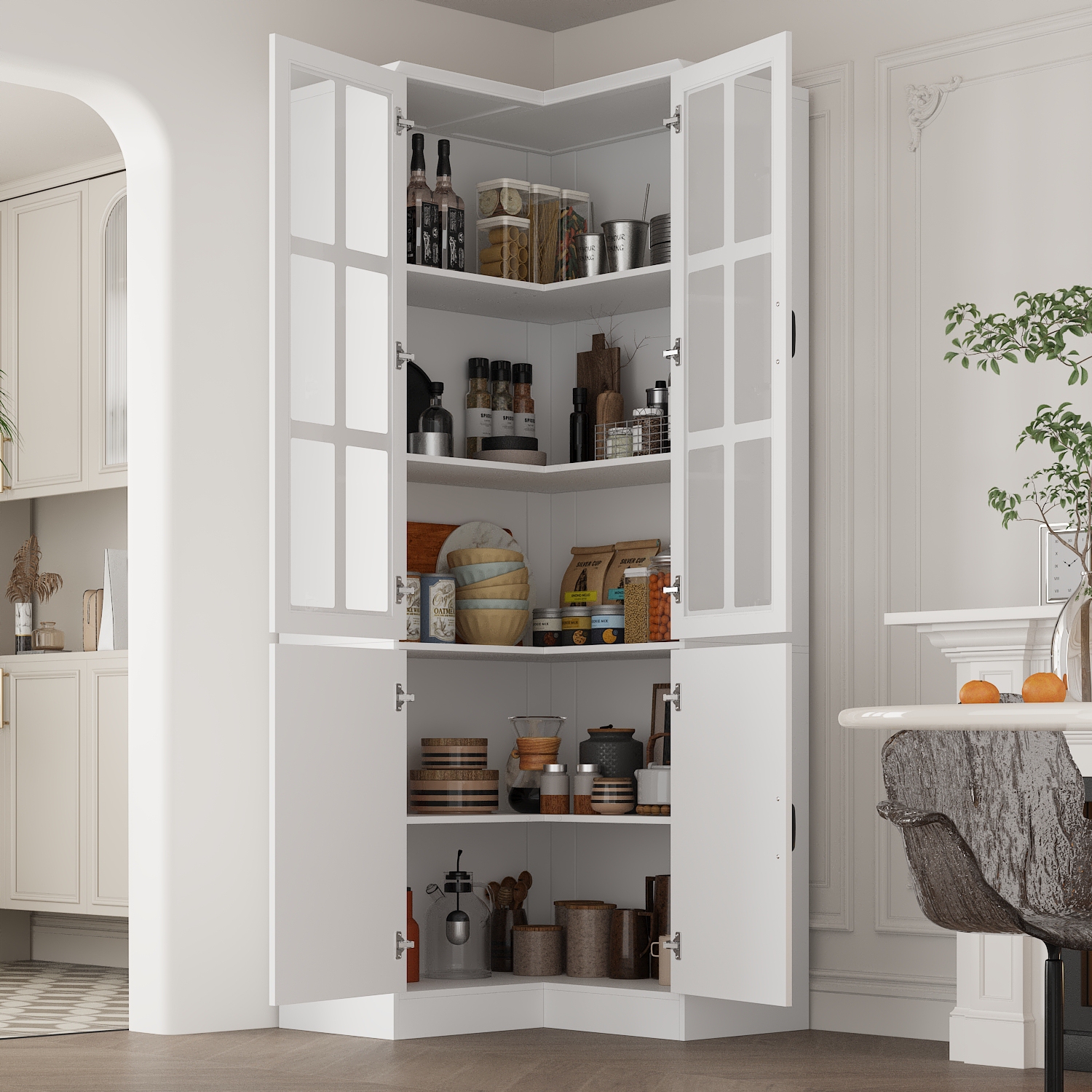 Famapy MDF 5-Shelf Corner Pantry with Tempered Glass Doors – Modern 4-Door Storage Cabinet for Kitchen and Dining,White