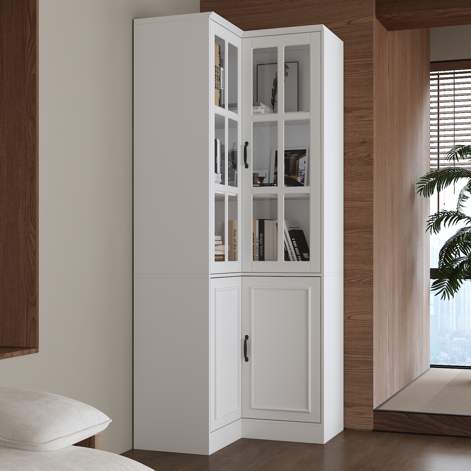 Famapy MDF 5-Shelf Corner Pantry with Tempered Glass Doors – Modern 4-Door Storage Cabinet for Kitchen and Dining,White