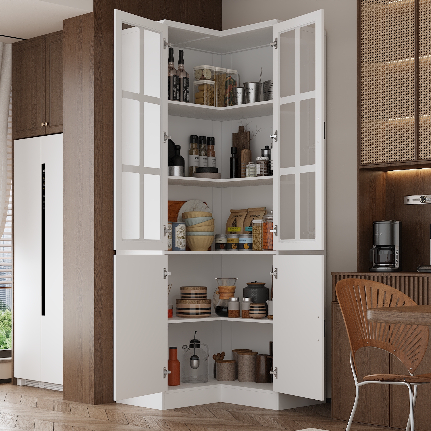 Famapy MDF 5-Shelf Corner Pantry with Tempered Glass Doors – Modern 4-Door Storage Cabinet for Kitchen and Dining,White