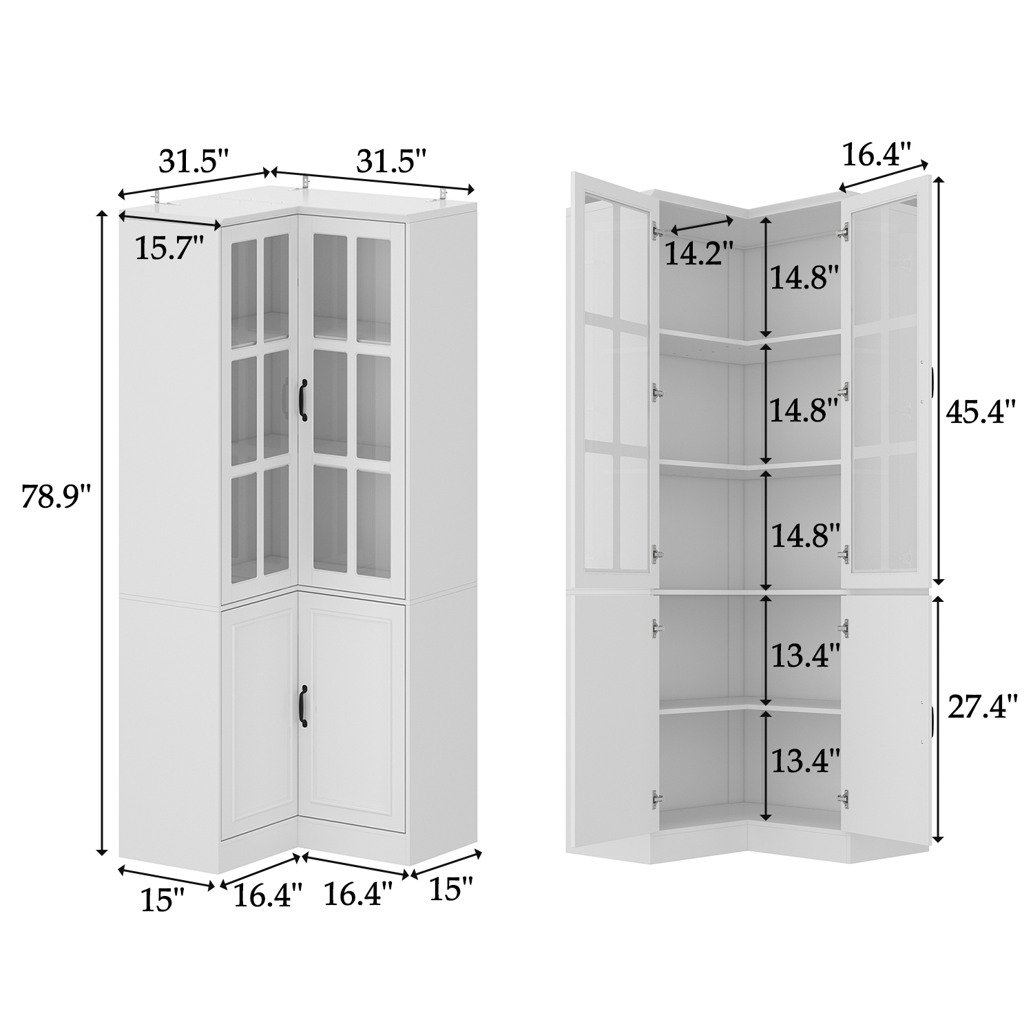 Famapy MDF 5-Shelf Corner Pantry with Tempered Glass Doors – Modern 4-Door Storage Cabinet for Kitchen and Dining,White