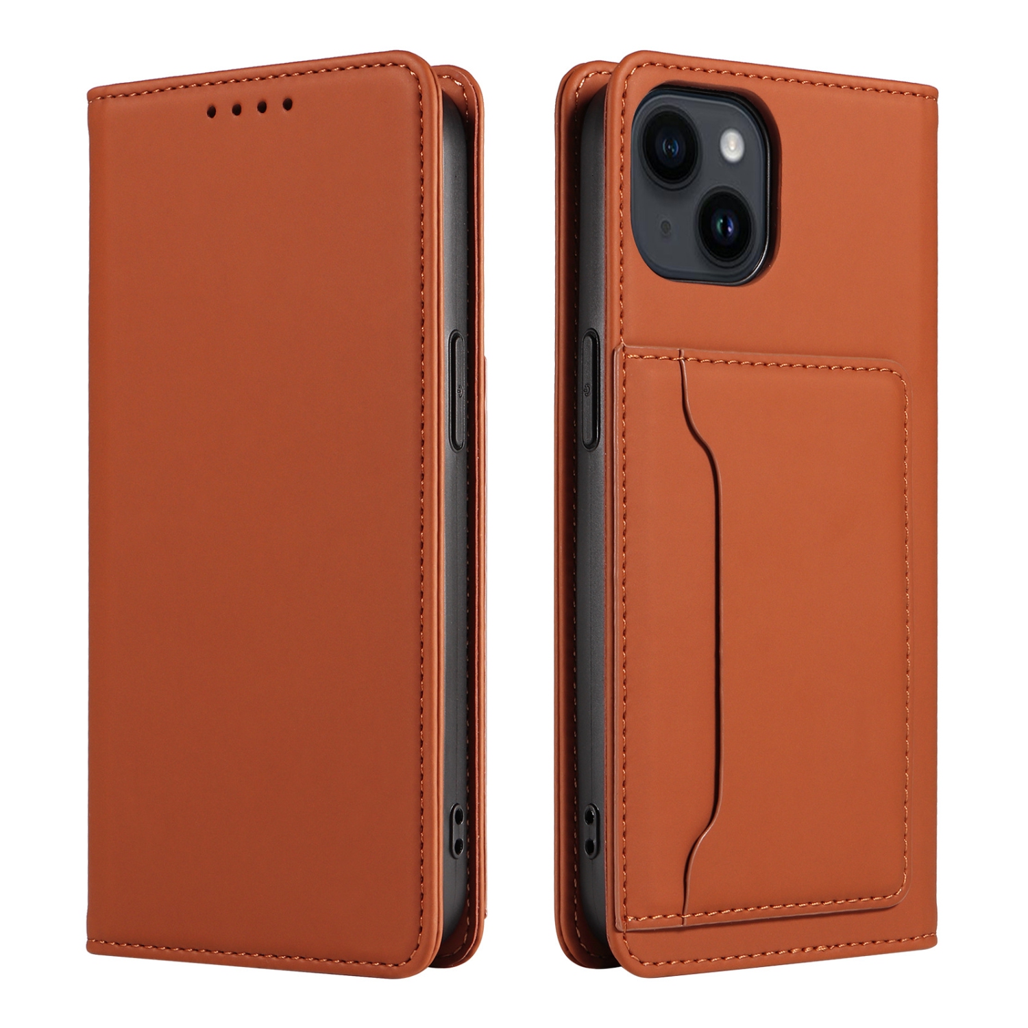 Suitable for iPhone 14 mobile phone leather case Apple with magnetic suction mobile phone case skin feel flip cover wear-resistant - brown