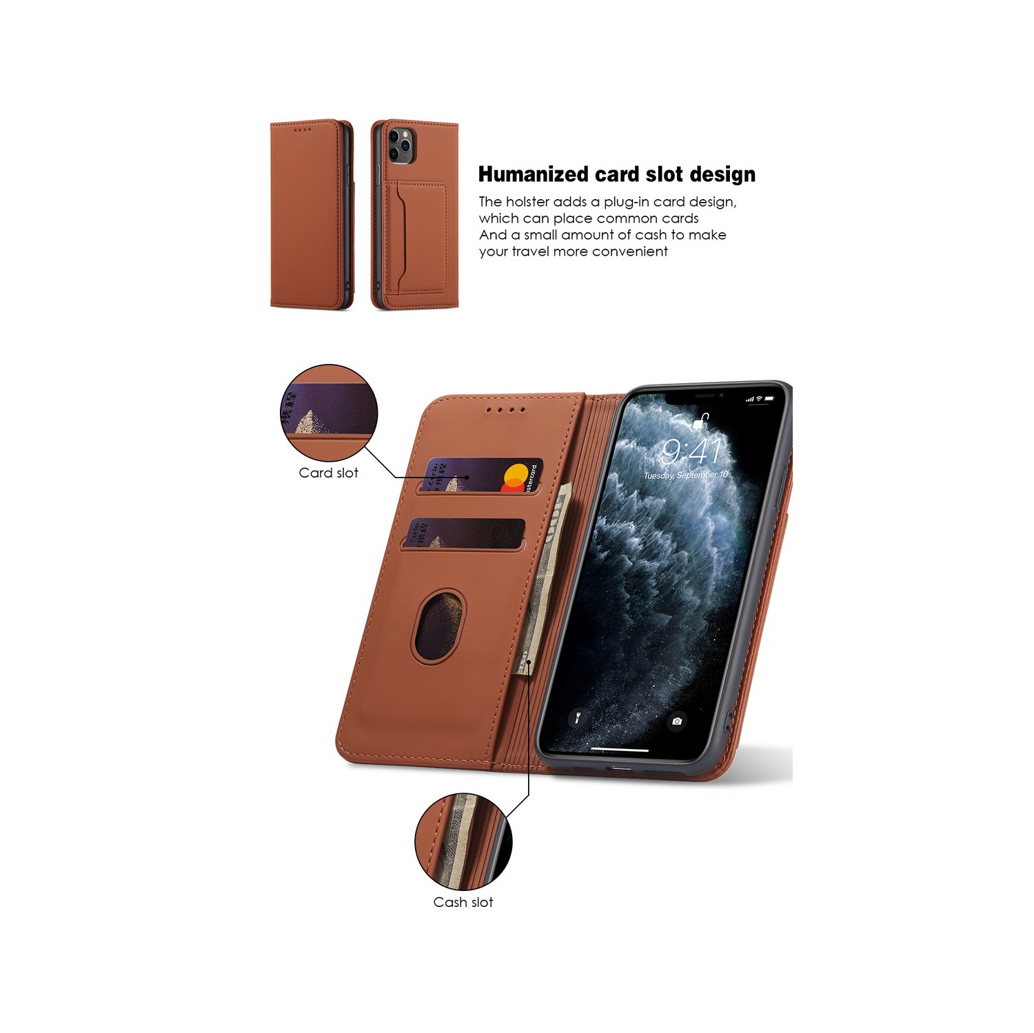 Suitable for iPhone 14 mobile phone leather case Apple with magnetic suction mobile phone case skin feel flip cover wear-resistant - brown
