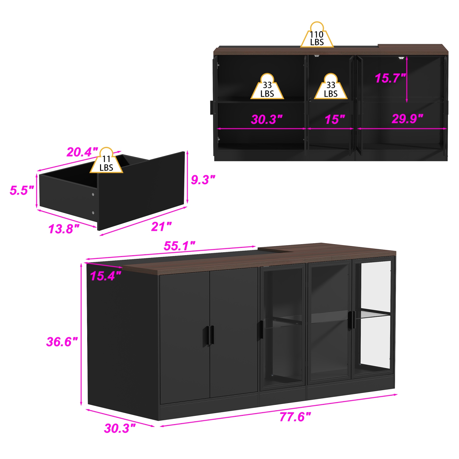 Famapy – Base en MDF avec îlot de cuisine moderne, tablette en verre réglable et éclairage LED,, noir