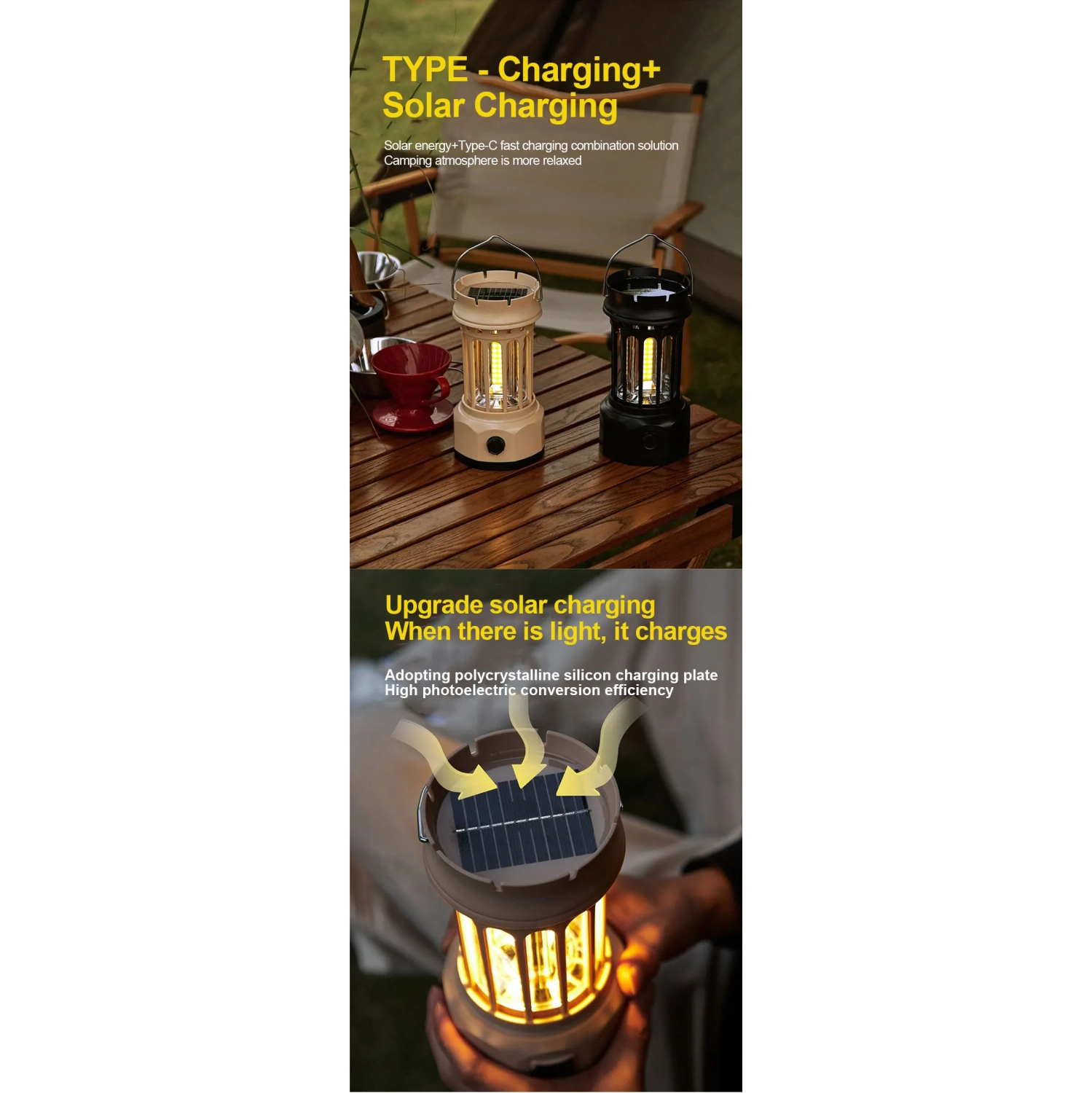 Nouvelle lampe de camping, lampe de camping solaire rétro, lampe de tente de camping extérieure, lampe de camping portative - L900BR Noir [Grand]