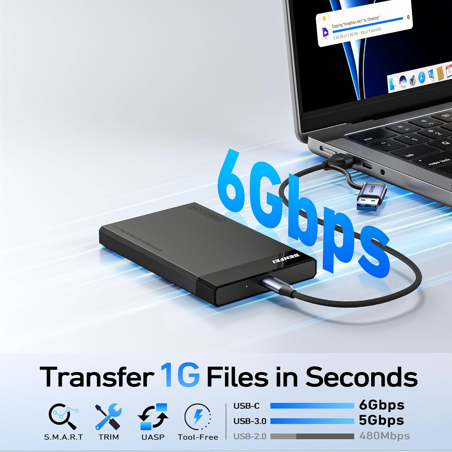 BENFEI – Boîtier SATA vers USB de 2,5 po, sans outil, 6 Gb/s, UASP, optimisé pour SSD/HDD